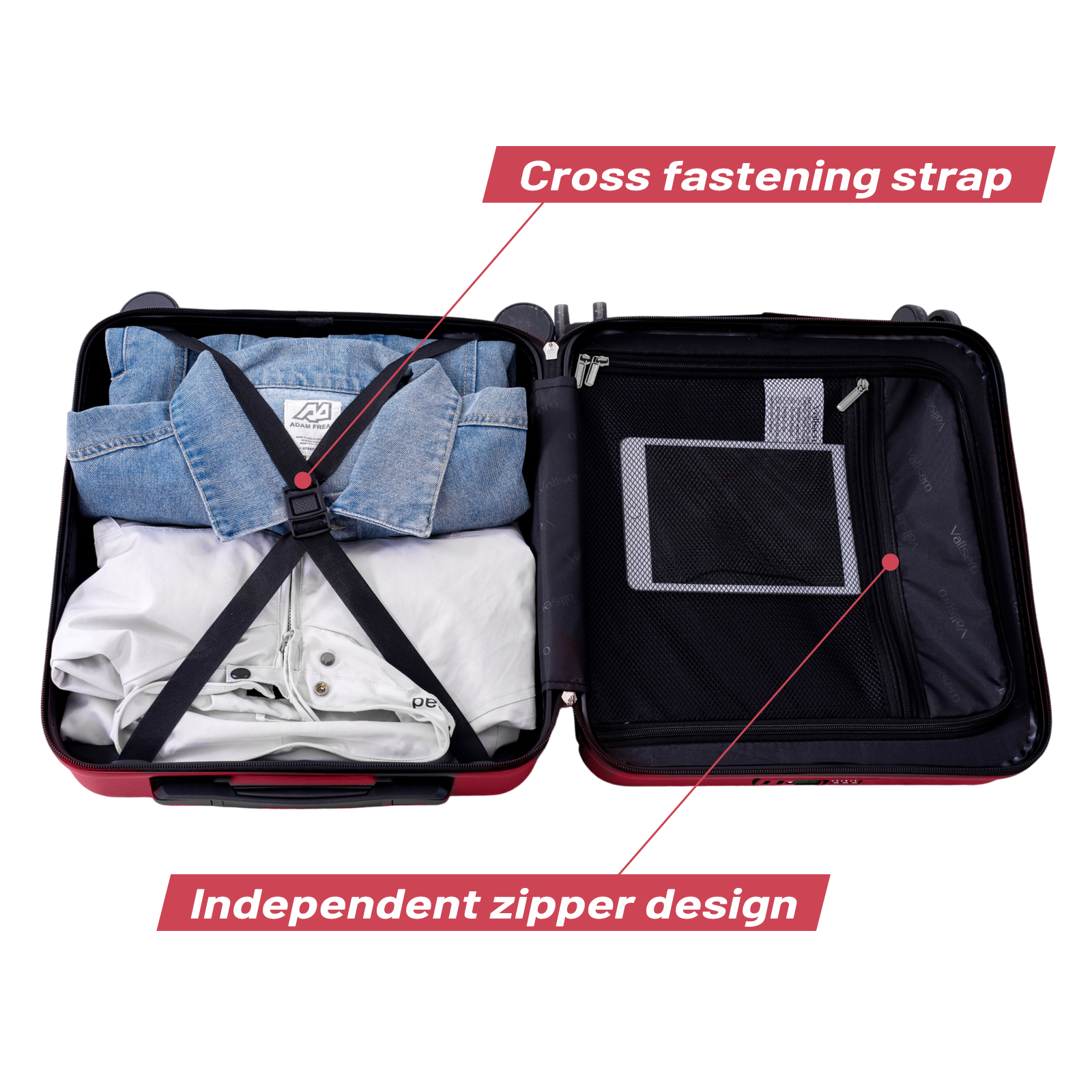 Red suitcase open, showing clothes secured by straps and a tablet pocket.