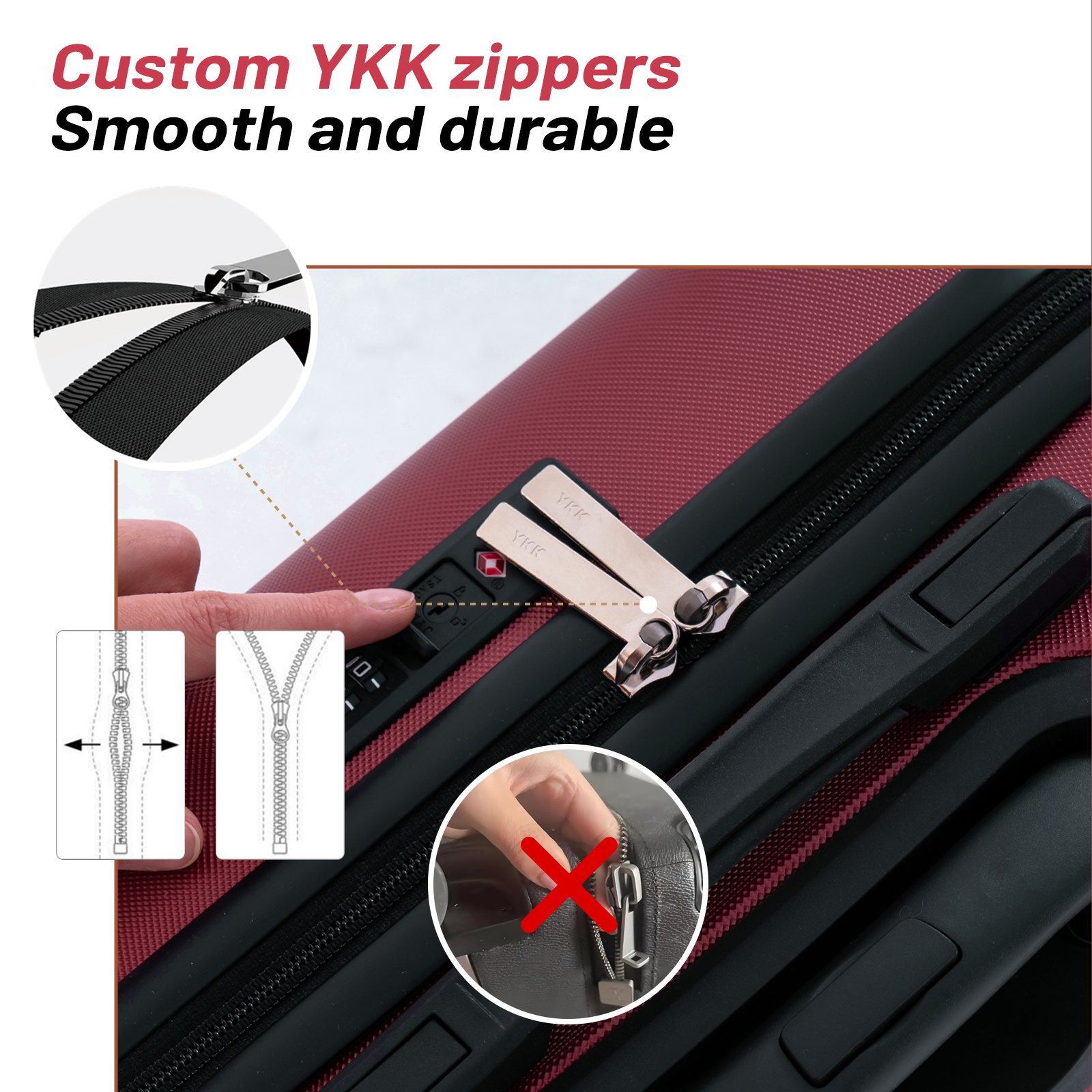 A suitcase featuring YKK zippers, with close-ups and diagrams shown.