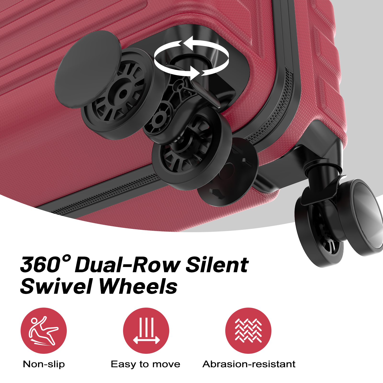 Red suitcase with dual-row swivel wheels and icons for non-slip.