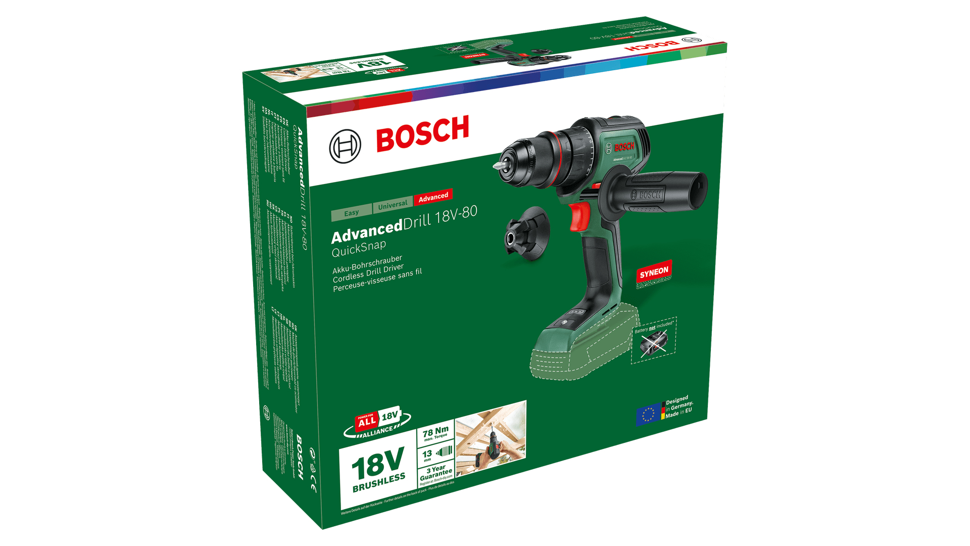 Confezione Bosch verde con trapano a batteria e accessori.