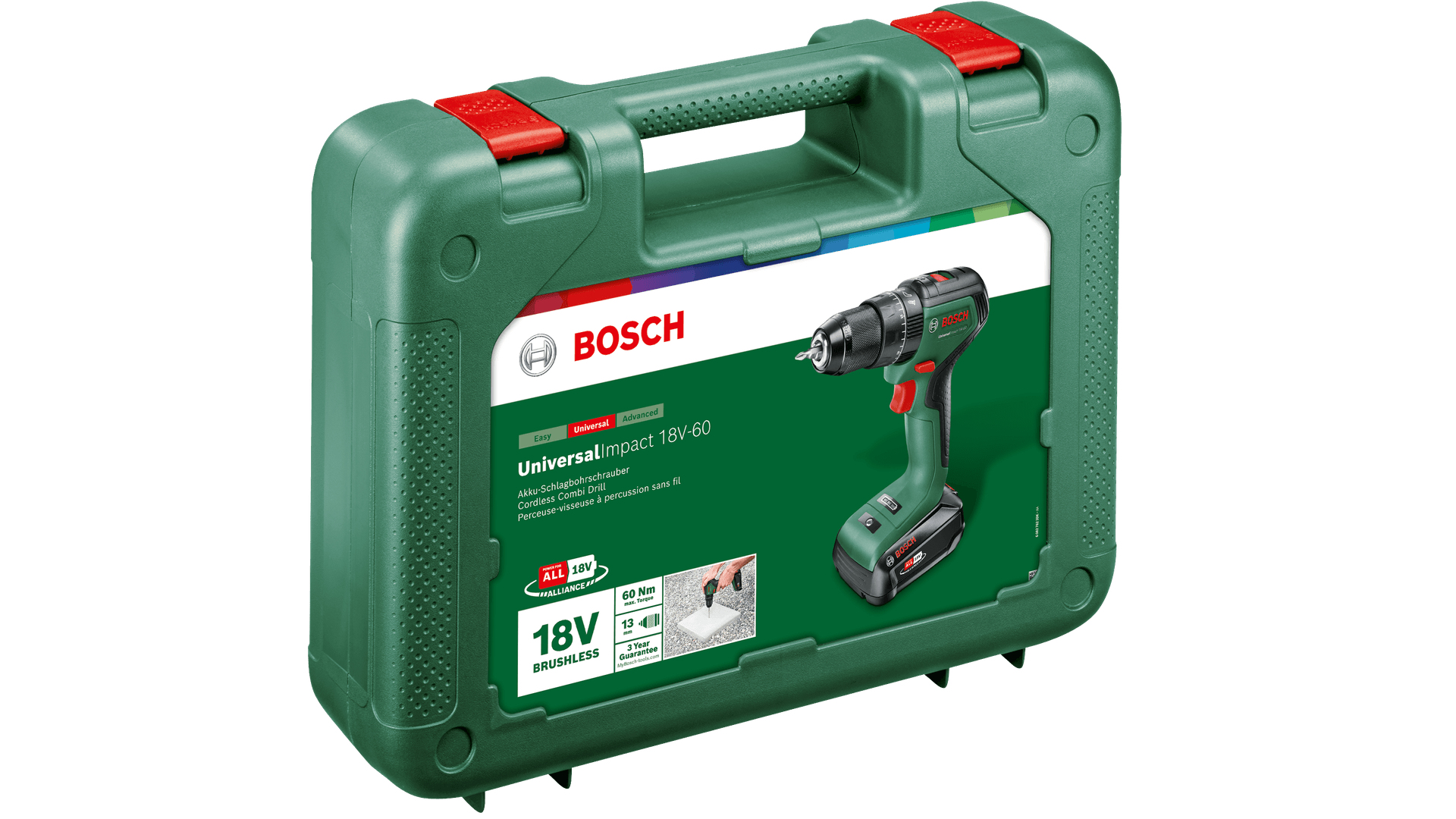 Grüner Bosch Werkzeugkoffer mit Akkuschrauber, 18V, bürstenlos, 60 Nm.