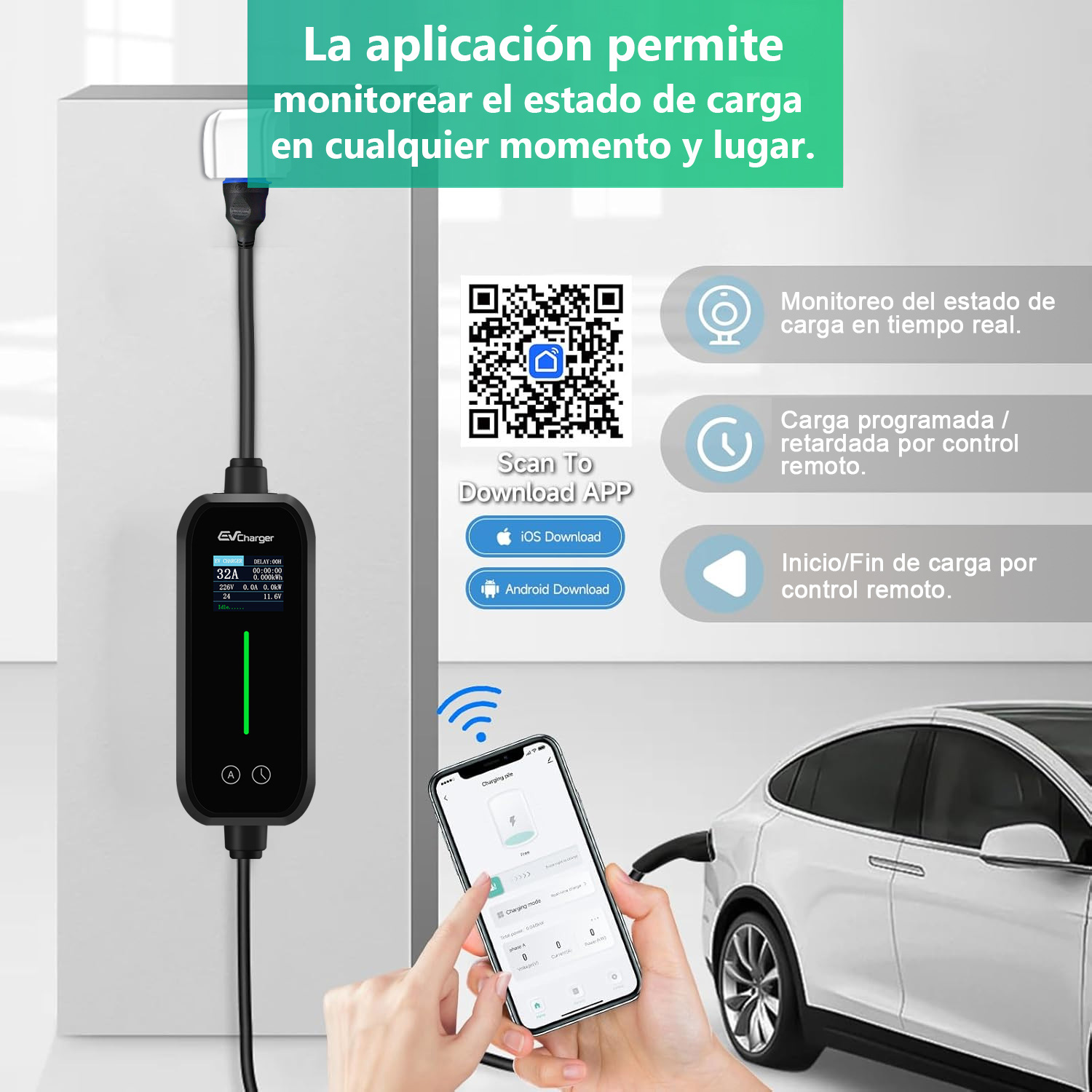 Cargador de VE, control de app y pantalla de estado de carga.