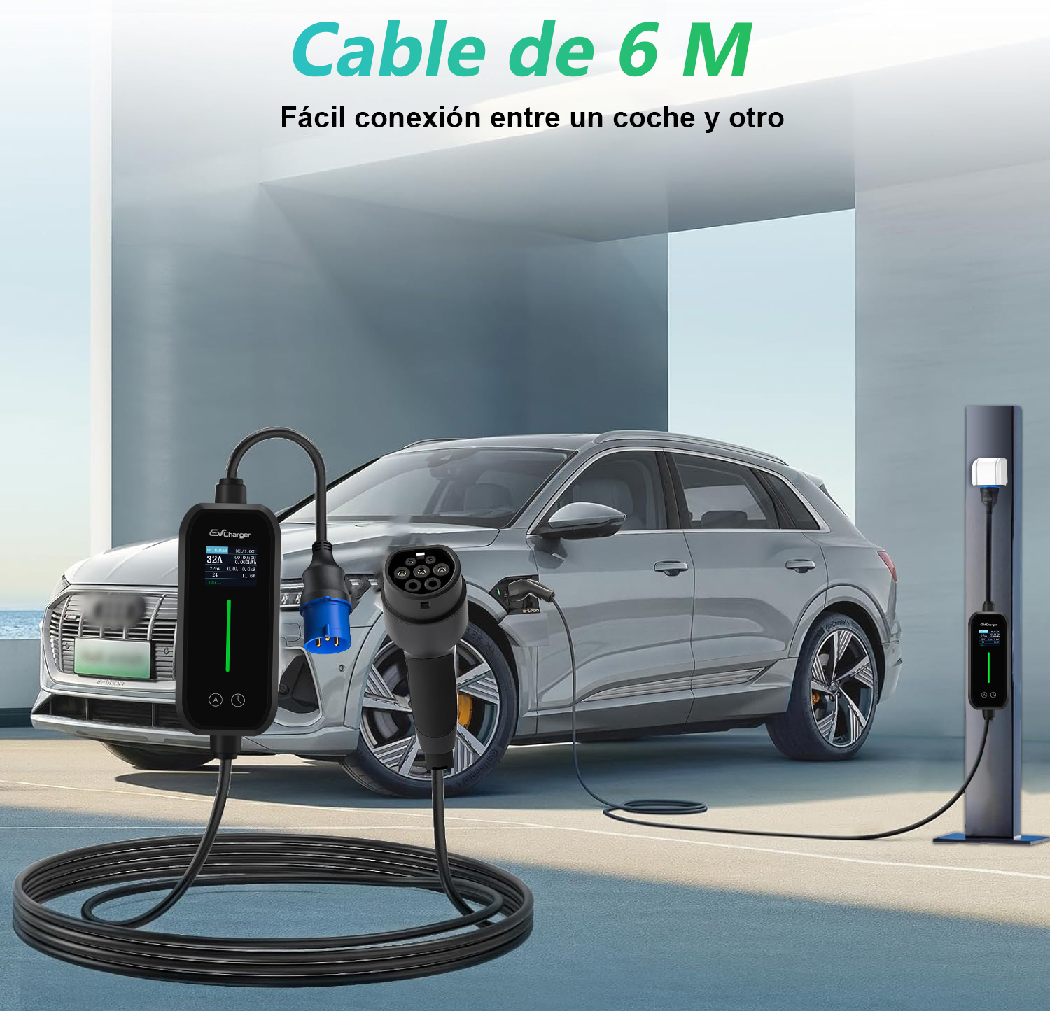 Un coche eléctrico se está cargando con un cable de 6 metros.