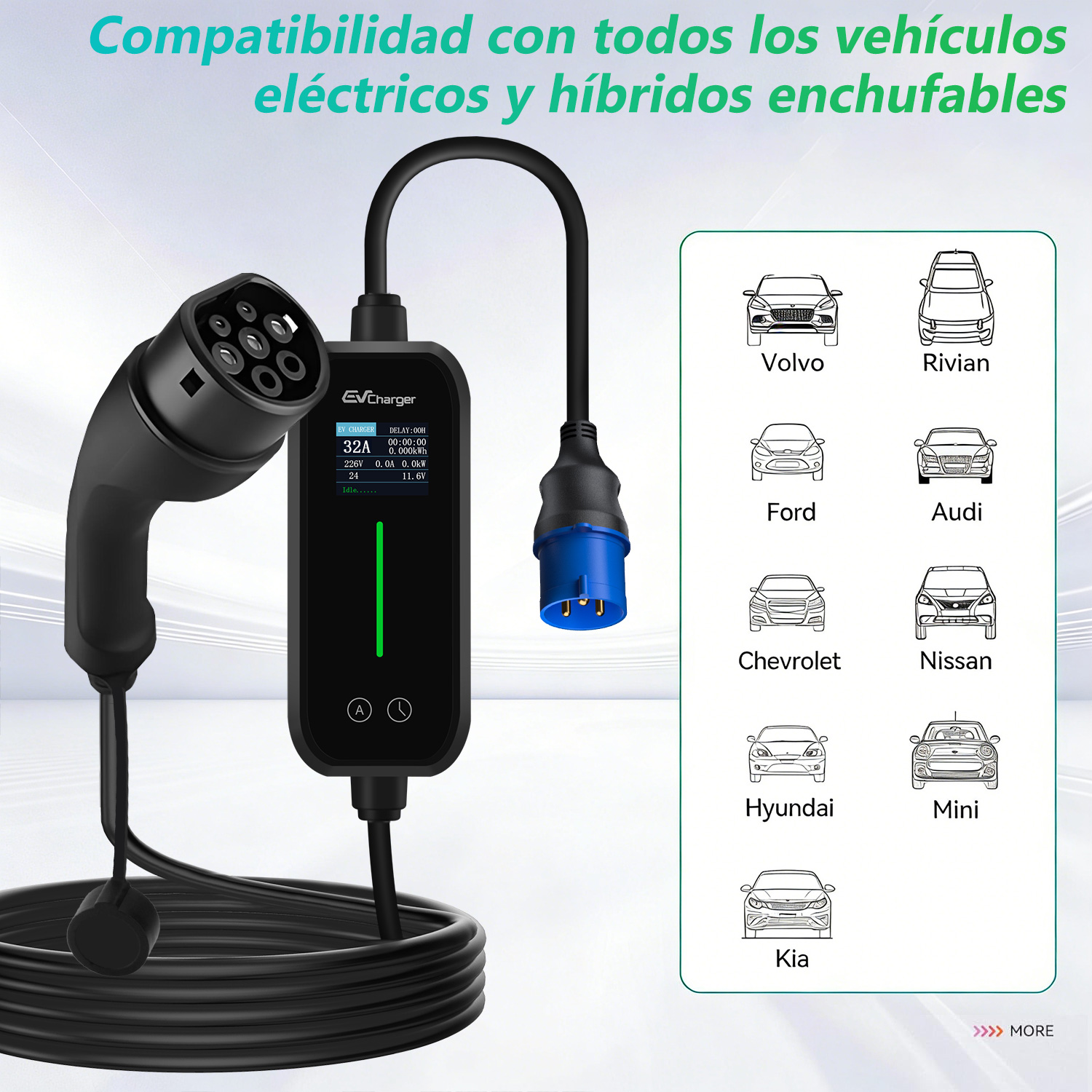 Cargador EV con cable y pantalla, compatible con muchas marcas de coches.