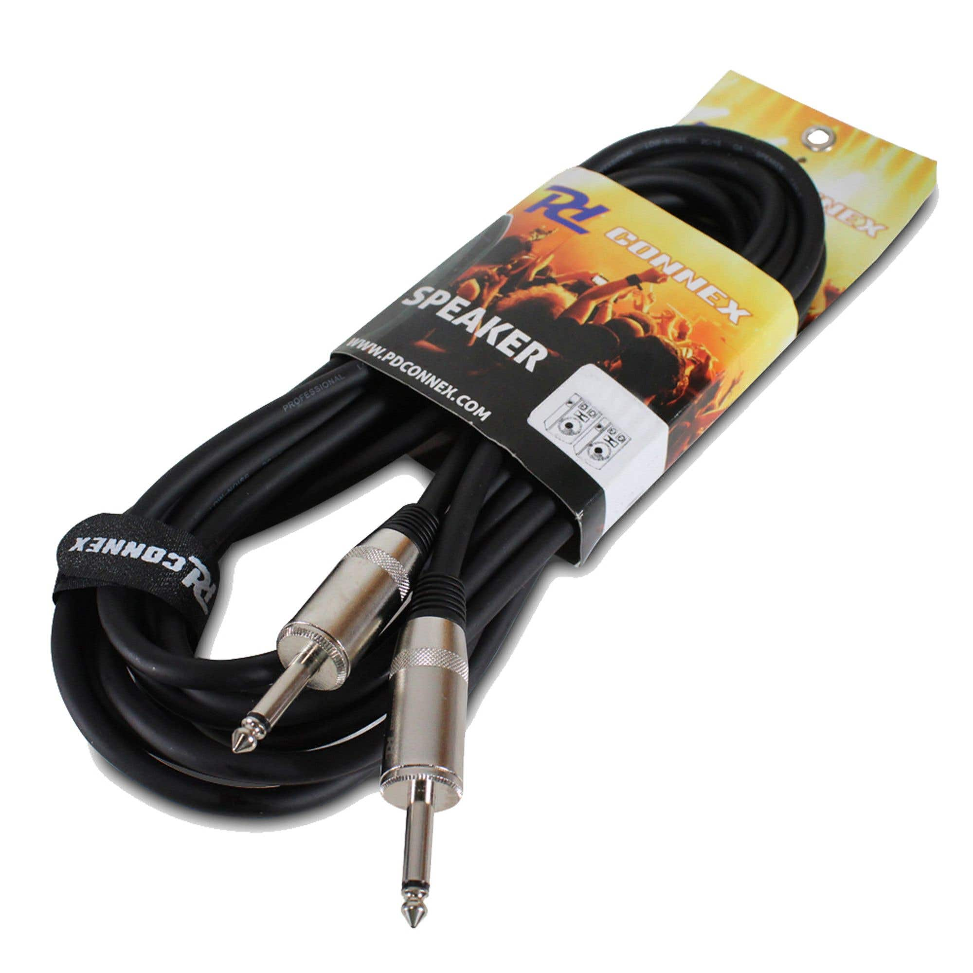 Cable de altavoz negro con dos conectores plateados, empaquetado.