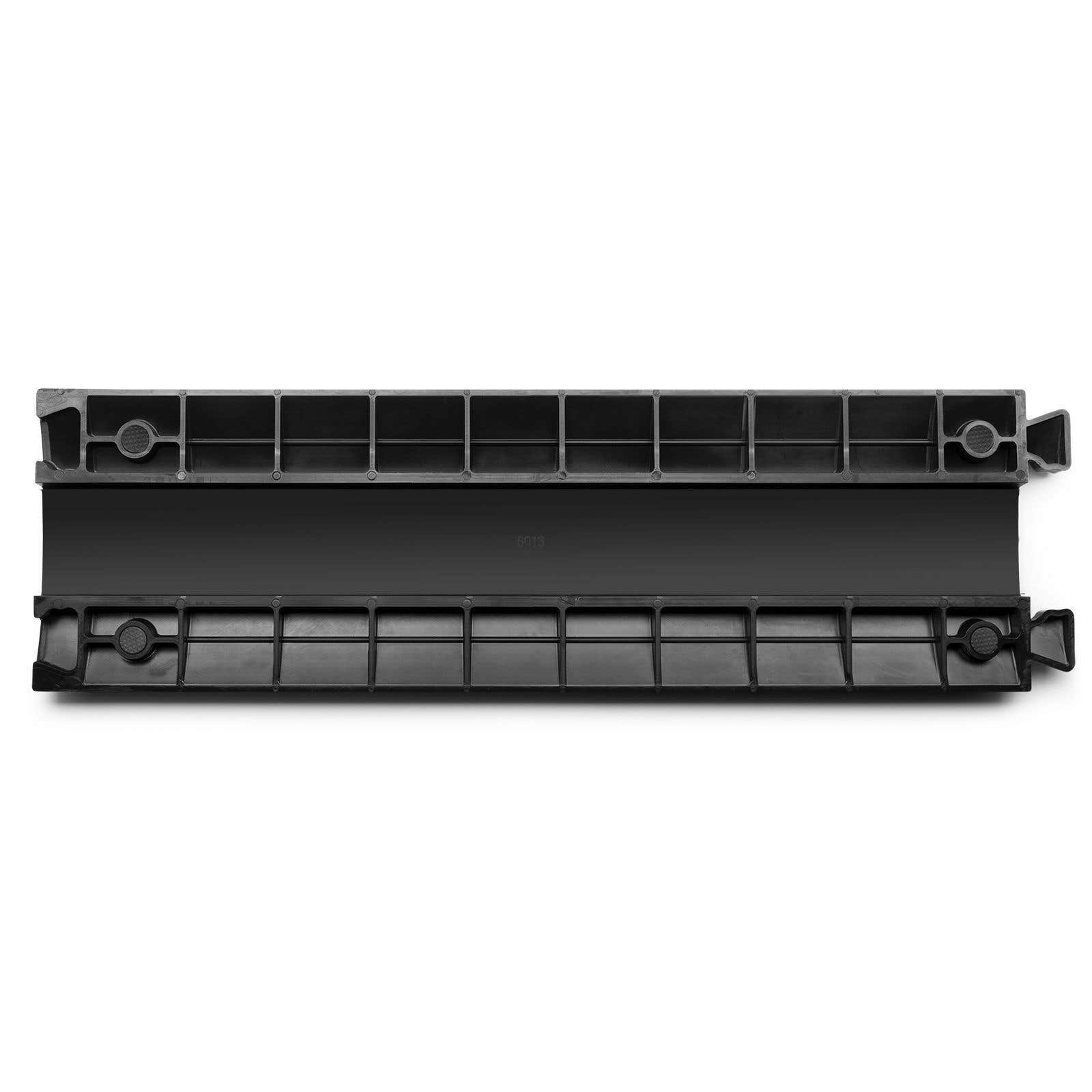 Canaleta de plástico negra con múltiples compartimentos y clips.