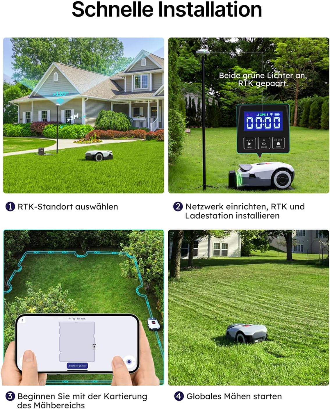 Vier Schritte zur Installation eines Mähroboters mit RTK-Basisstation auf einem Rasen.