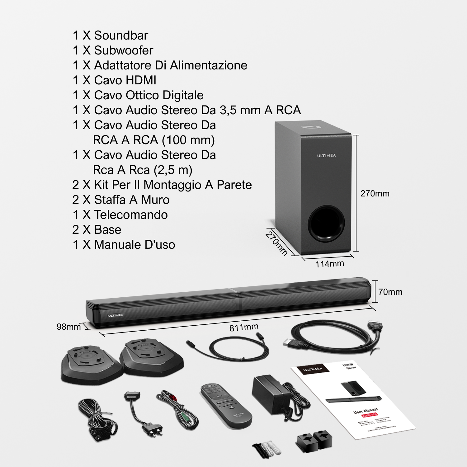 Sistema soundbar con subwoofer, telecomando, cavi e hardware di montaggio.