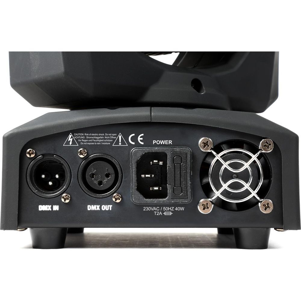Parte trasera del dispositivo con conexiones: DMX IN, DMX OUT, Alimentación, Ventilador.