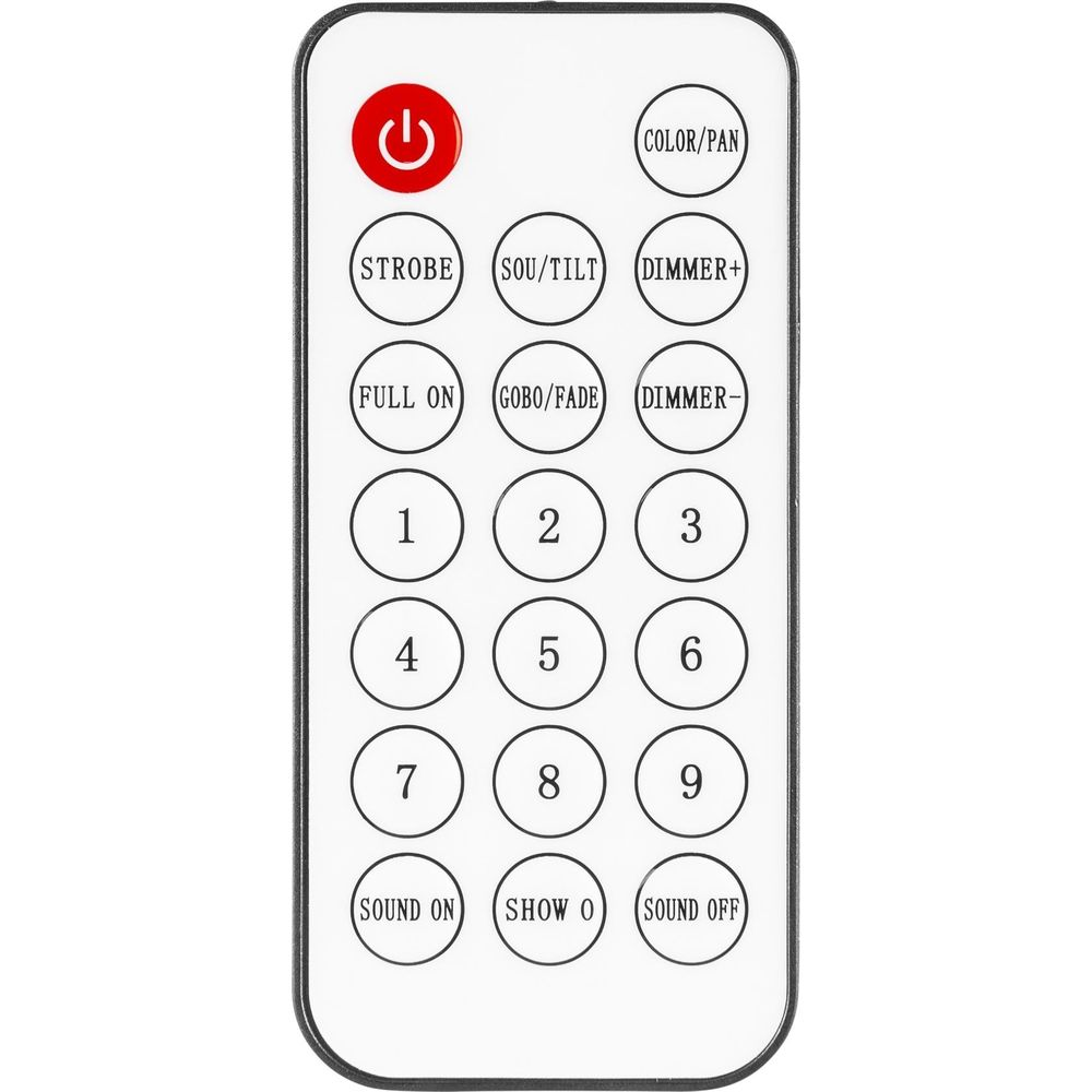 Un mando a distancia con botones para estroboscopio, color, atenuador, números 1-9 y sonido.