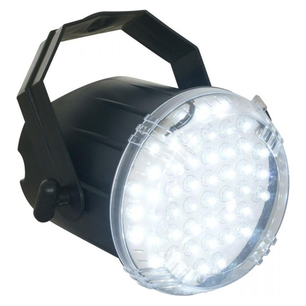 Ein schwarzer Scheinwerfer mit vielen weißen LEDs unter einer transparenten Abdeckung.