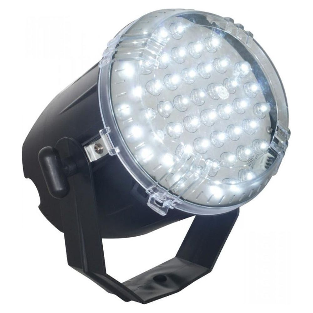 Ein schwarzer Scheinwerfer mit vielen weißen LEDs unter einer transparenten Abdeckung.