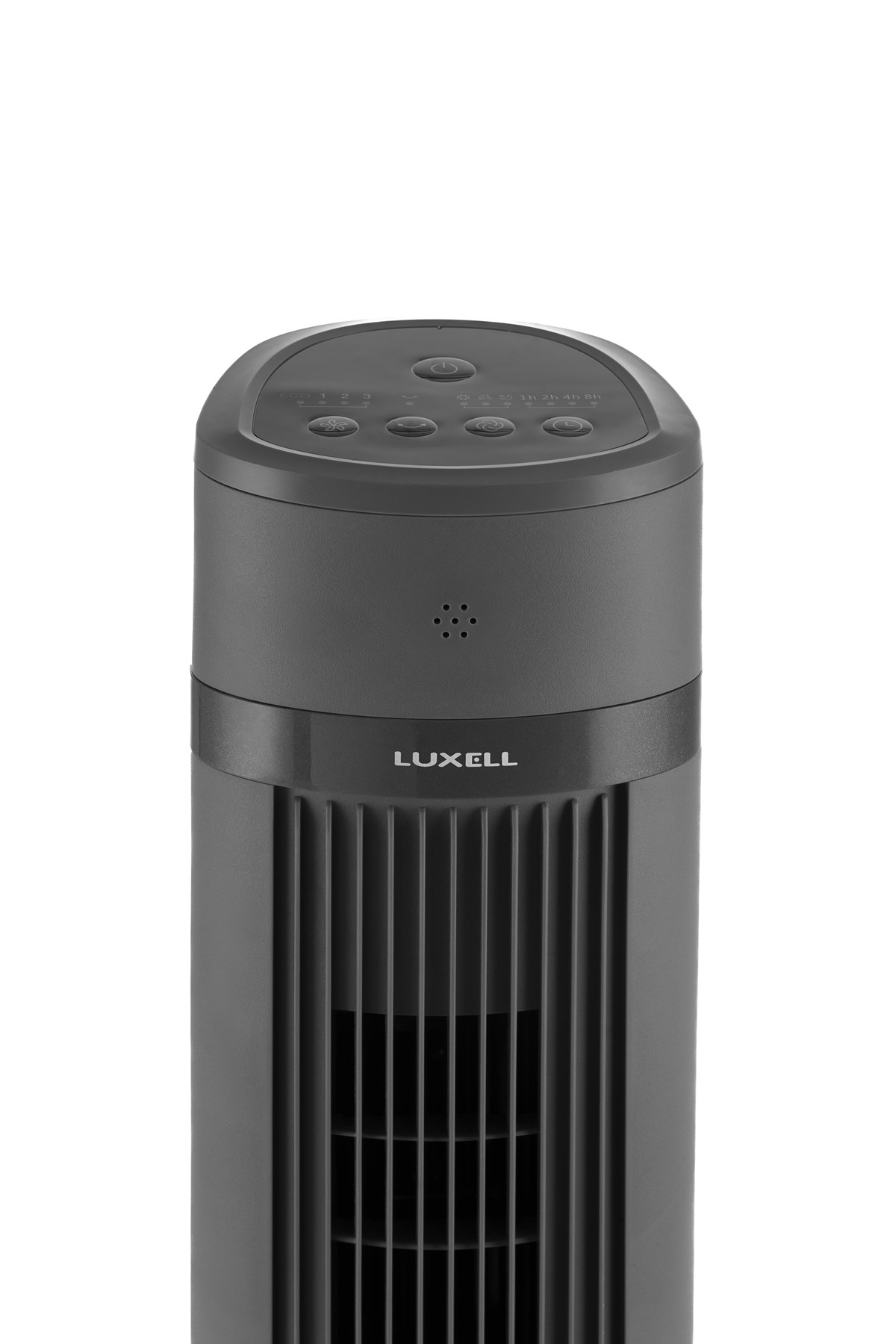 LUXELL markalı, kontrol düğmeli koyu gri kule vantilatör.