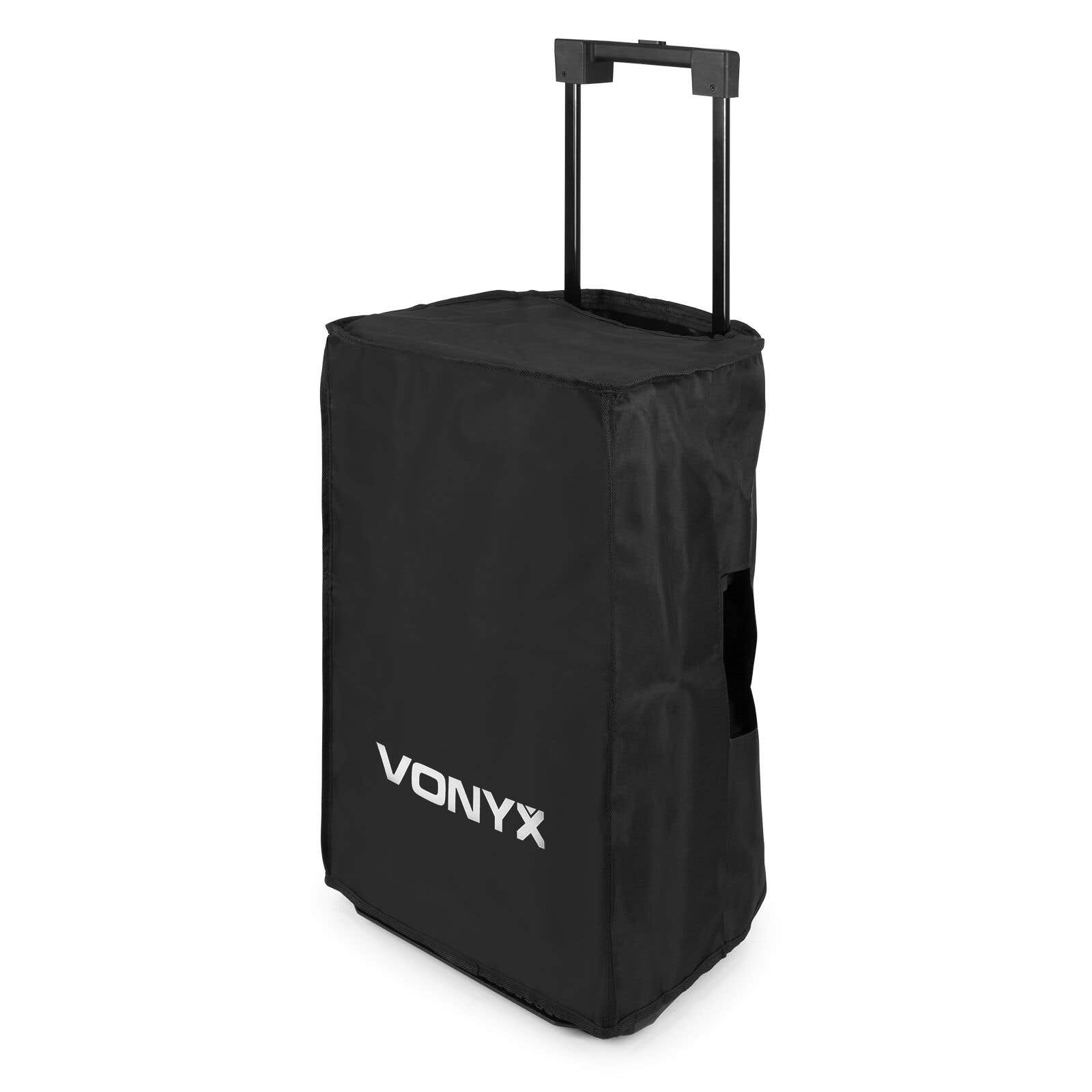 Funda negra para altavoz con ruedas y asa, logo VONYX.