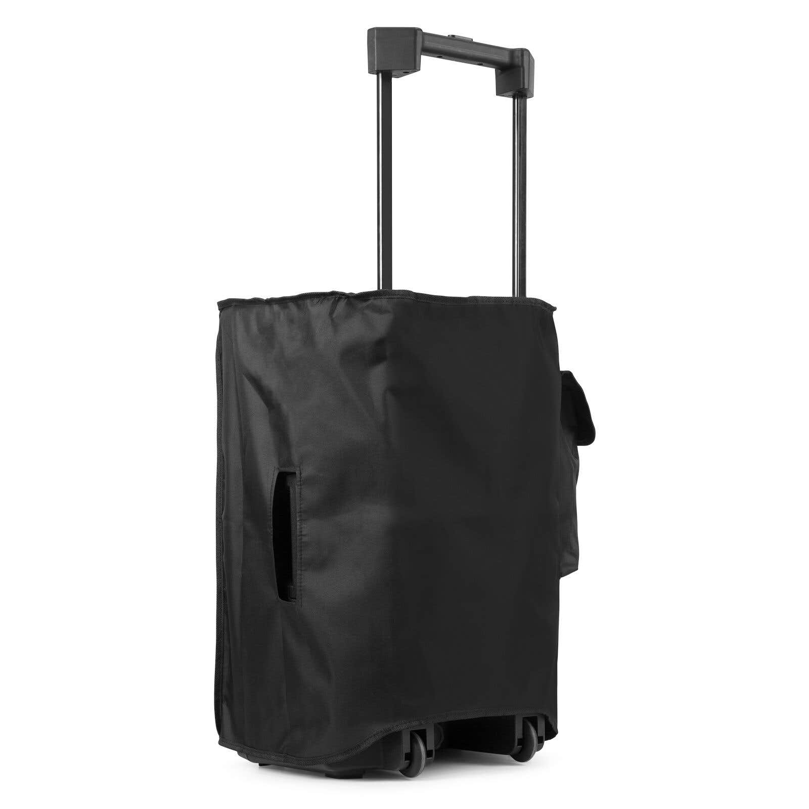 Bolsa de viaje negra con ruedas y asa retráctil, bolsillo lateral.
