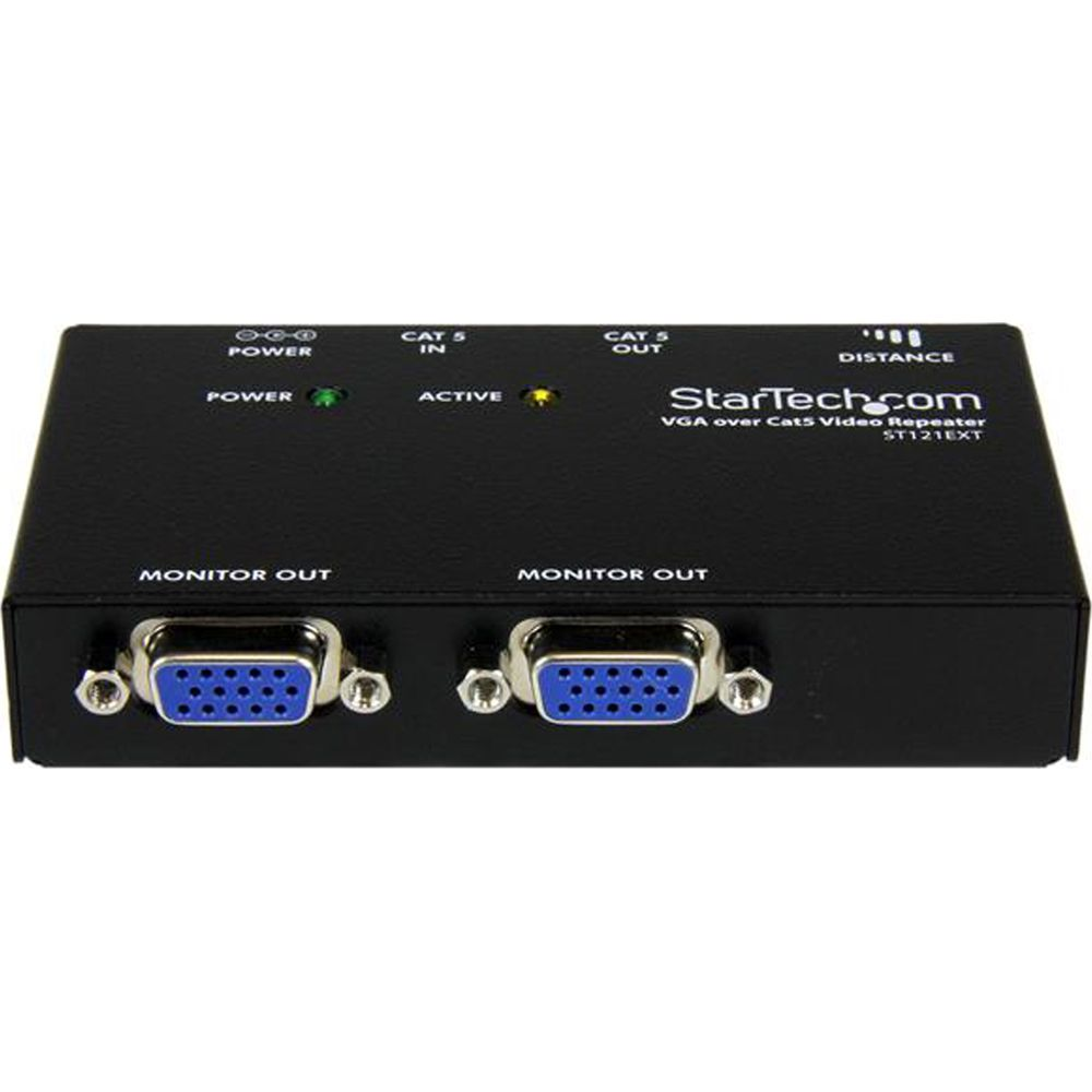 Un ripetitore VGA StarTech.com nero con due uscite monitor ed etichette.