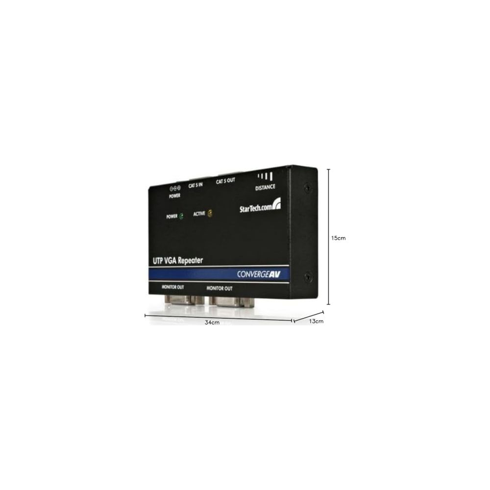 Ripetitore UTP VGA nero con etichette come 'Power', 'Active', 'Distance'.