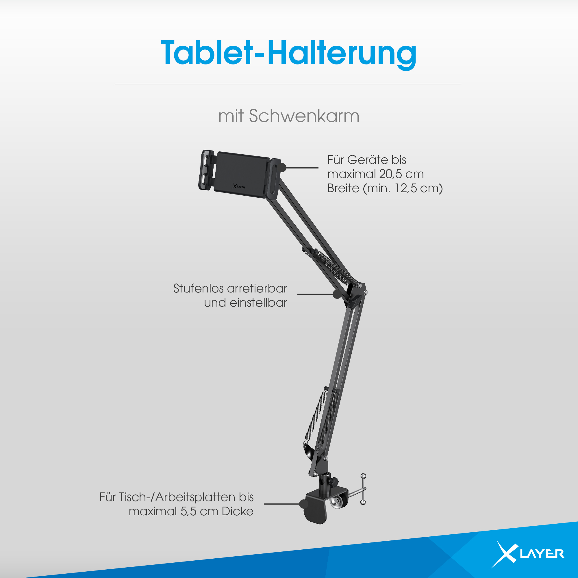 Ein schwarzer Schwenkarm-Tablet-Halter mit Klemme für Tische.