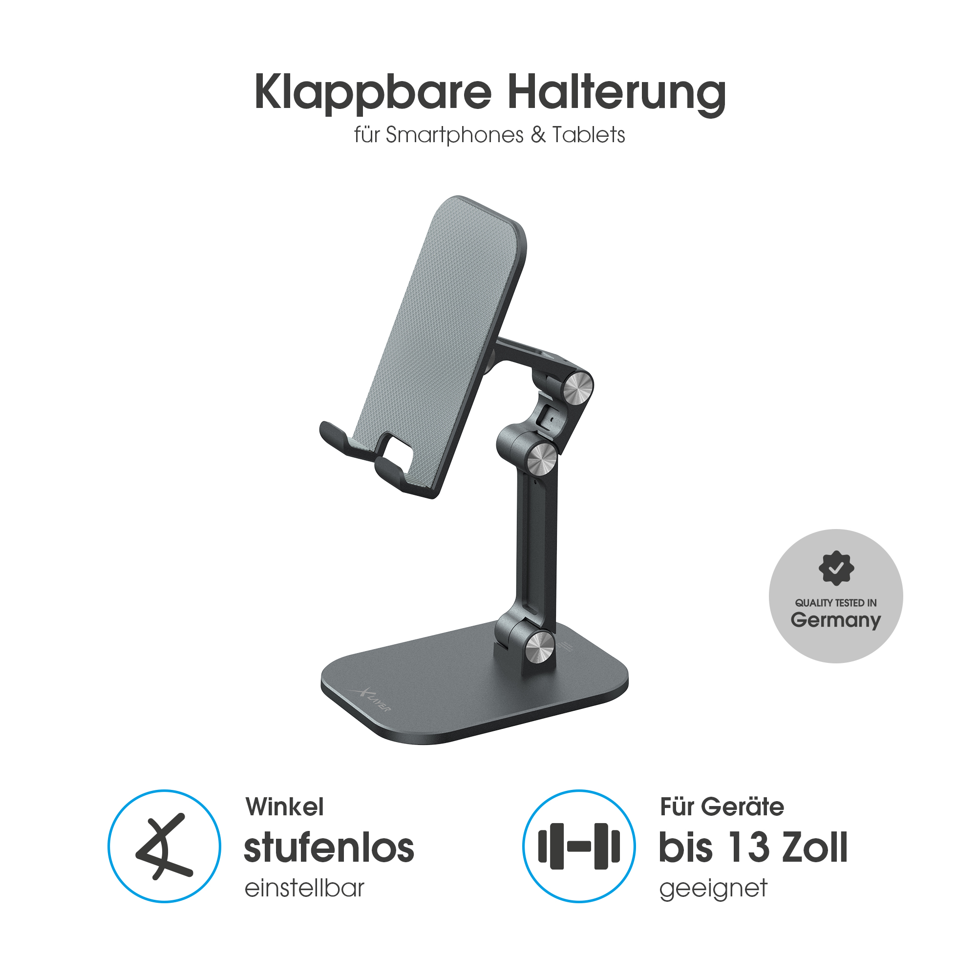 Grauer, klappbarer Handy- & Tablet-Ständer mit Qualitätszertifikat aus Deutschland.