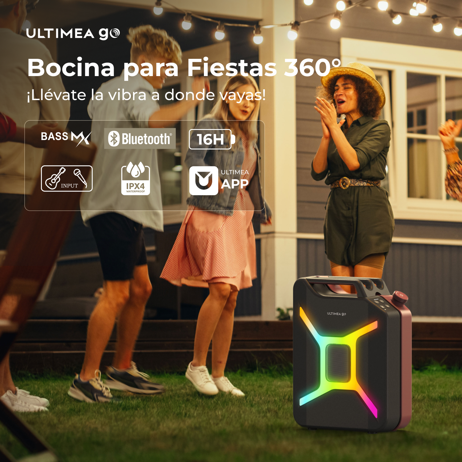 Altavoz colorido en forma de bidón en fiesta de jardín con gente bailando.