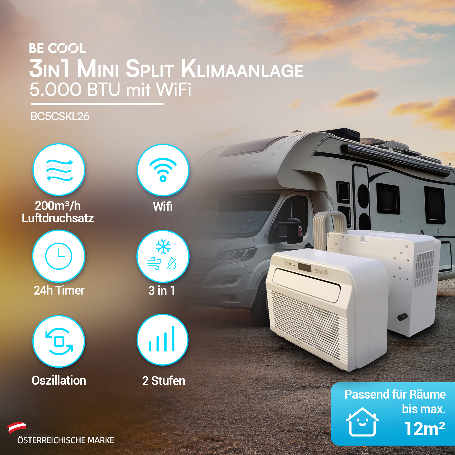 Ein mobiles Klimagerät steht vor einem Wohnmobil, mit Symbolen für Funktionen.