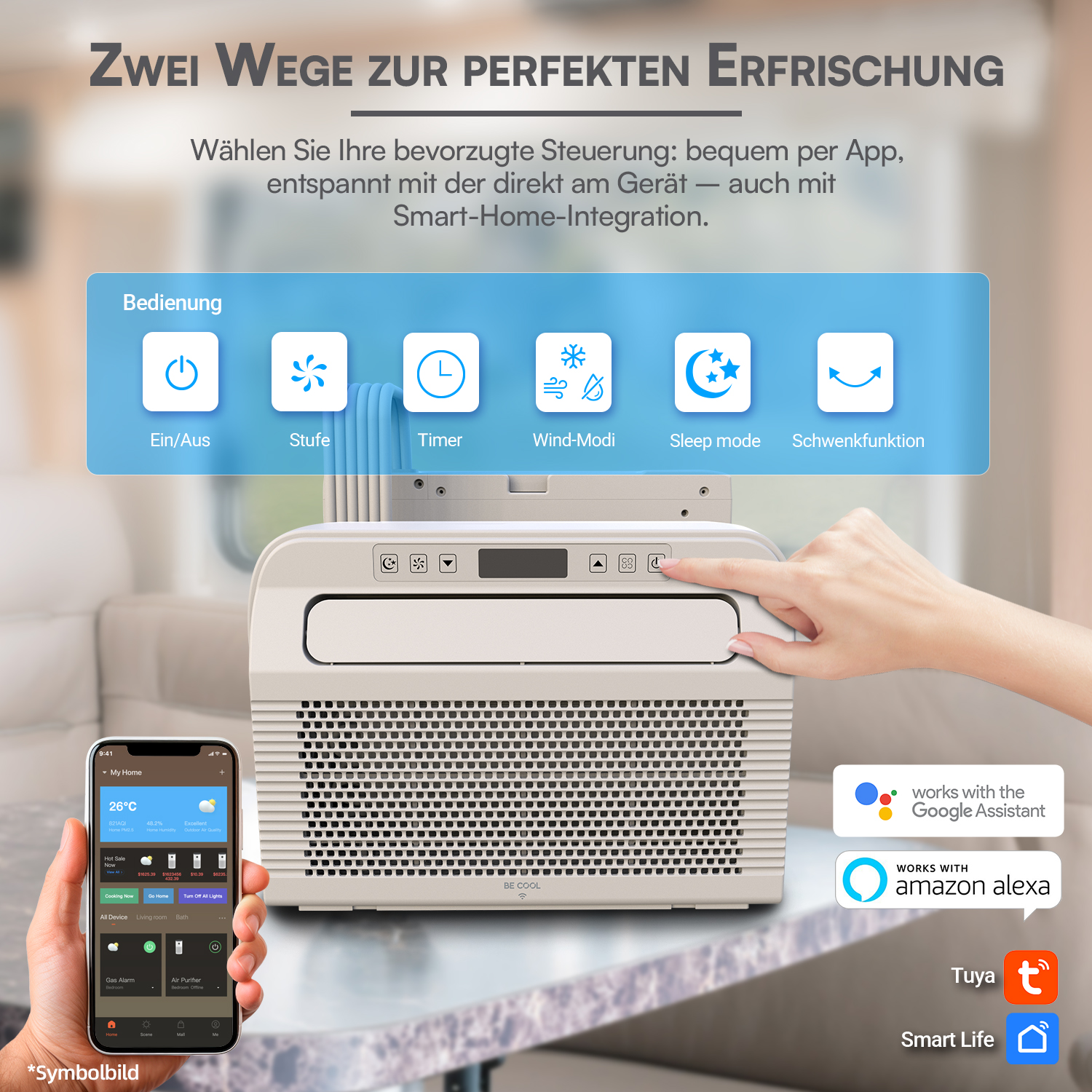 Ein Klimagerät mit App-Steuerung und Smart-Home-Integration wird gezeigt.