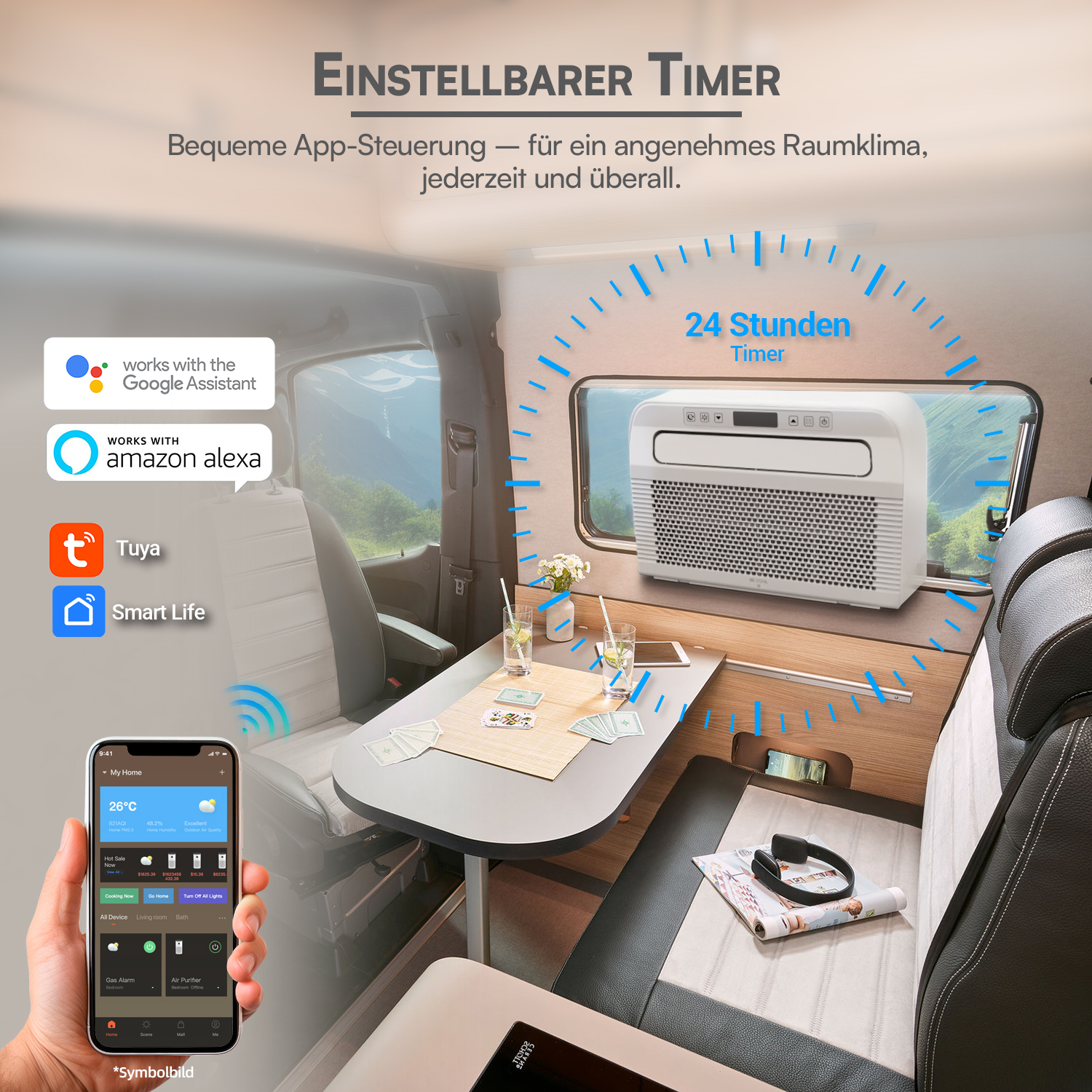 Innenraum eines Wohnmobils mit Klimaanlage, App-Steuerung und Timer.