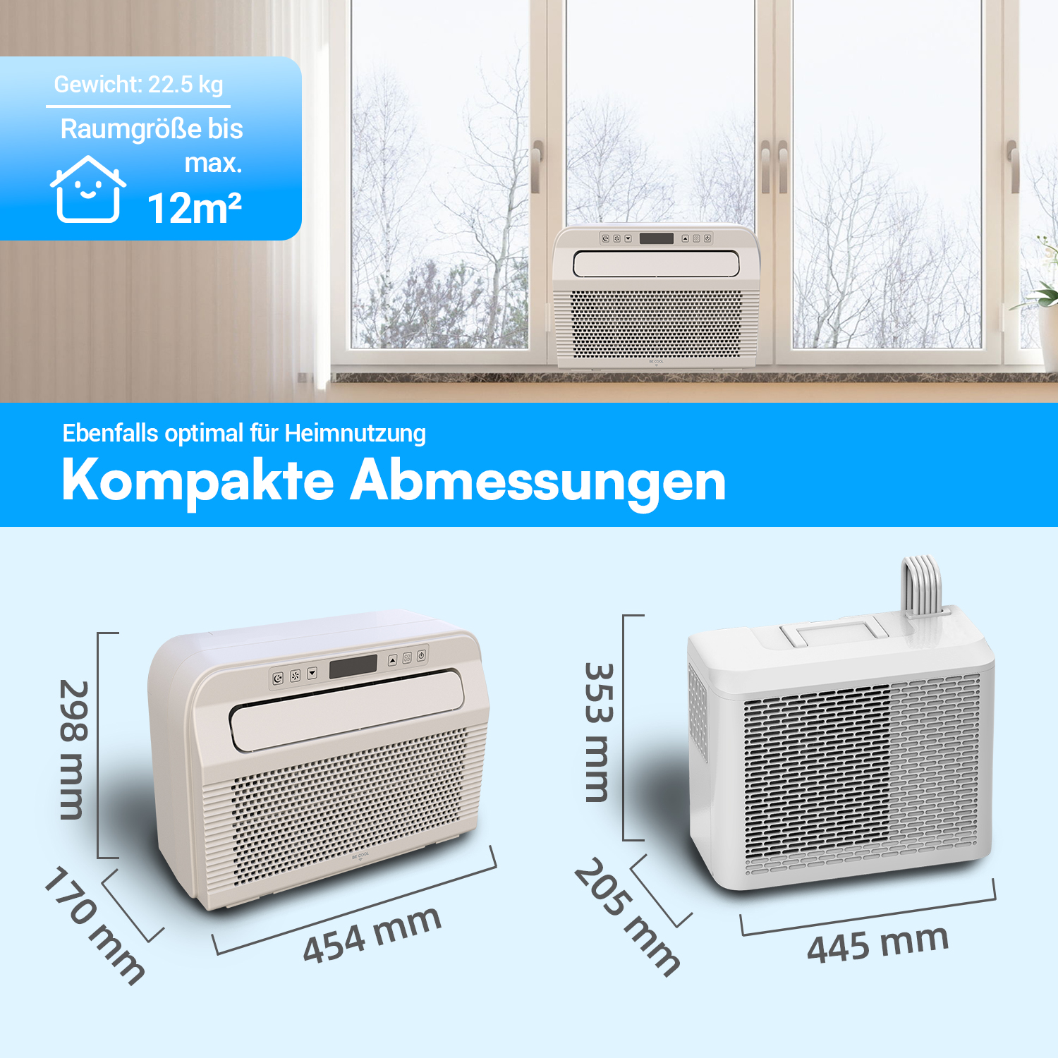 Zwei mobile Klimaanlagen mit Maßen und Gewichtsangaben. Eine weiße und eine cremefarbene.