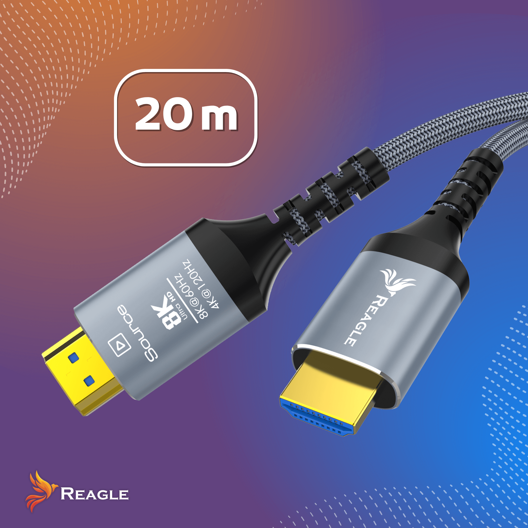 Kabel HDMI 20m z obsługą 8K, z logo Reagle.