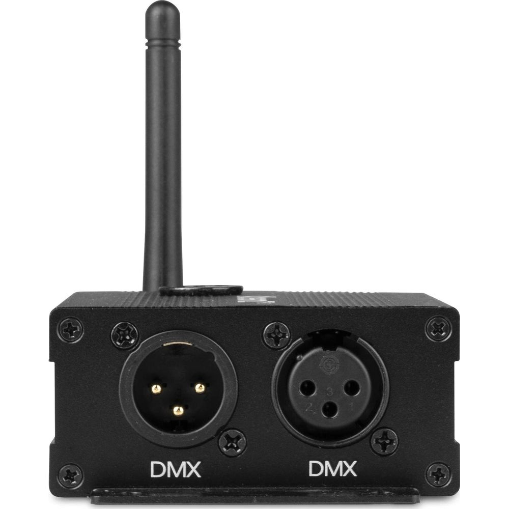 Dispositivo DMX negro con antena y dos puertos XLR.