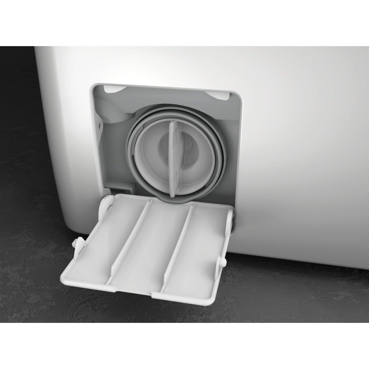 Zbliżenie otwartej klapki filtra pralki na ciemnym tle.