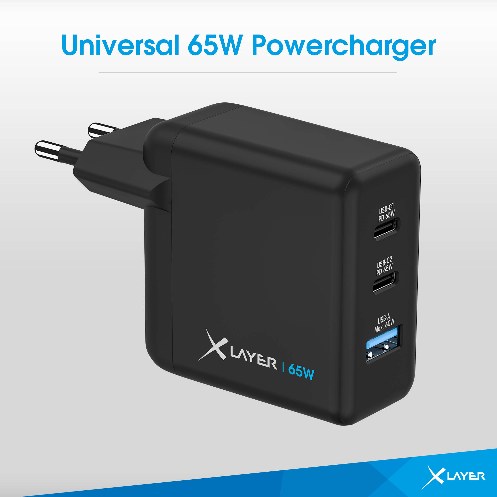 Schwarzer 65W USB-C-Ladegerät mit ausklappbaren Steckern, 2x USB-C, 1x USB-A.