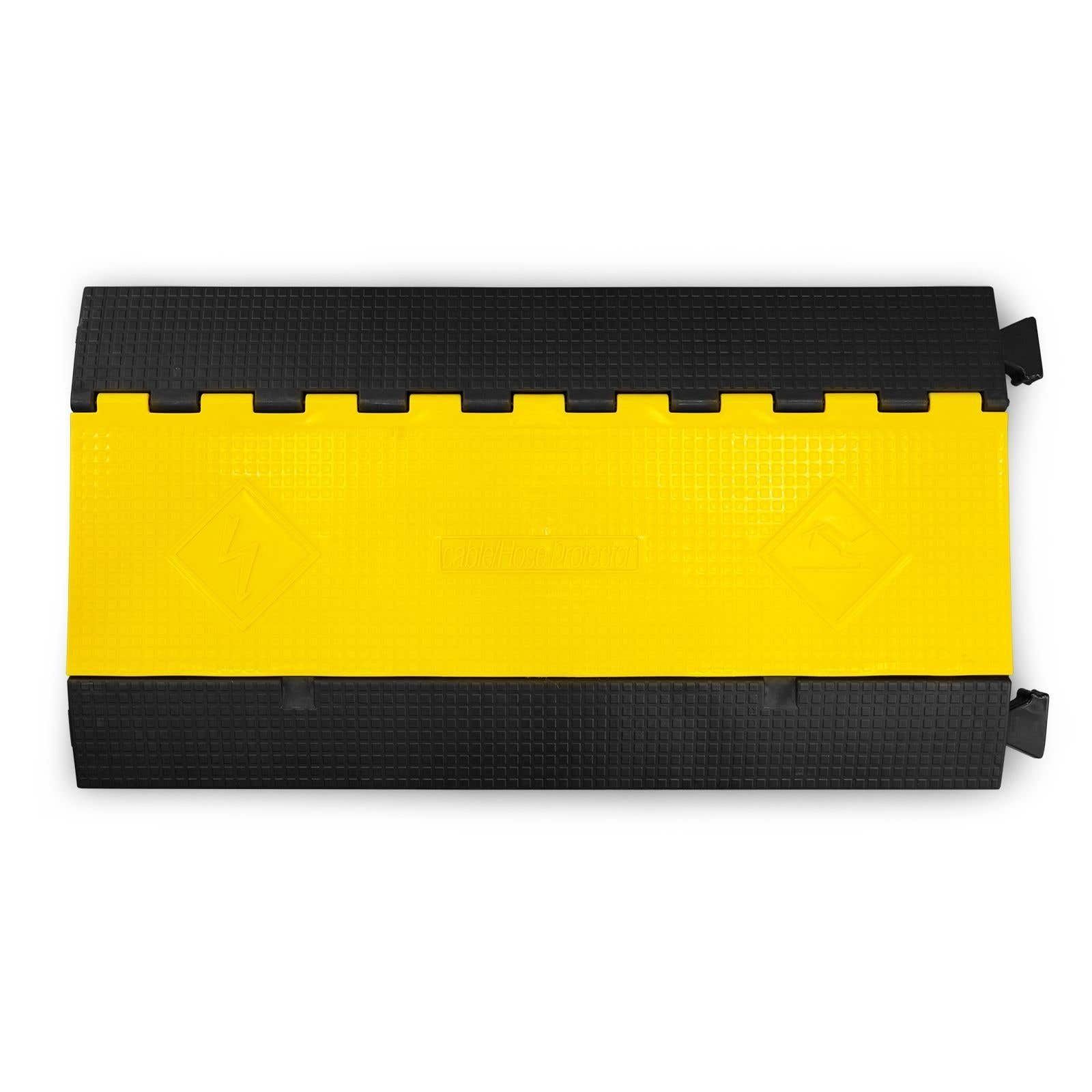 Un protector de cables amarillo con bordes negros, texto y símbolos.