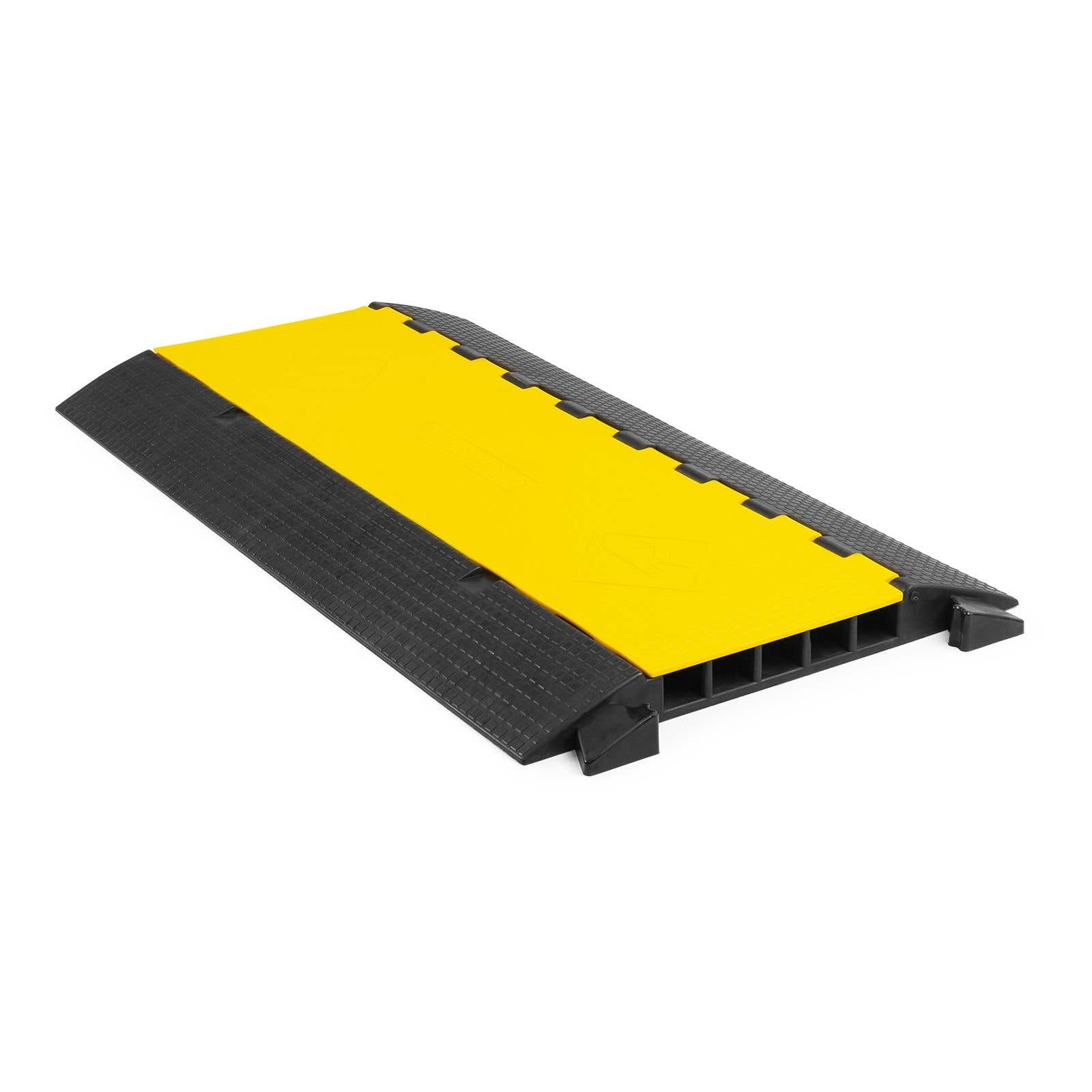 Protector de cables negro con parte superior amarilla y canales visibles.