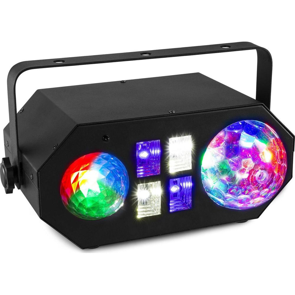 Proyector de efectos de luz negro con dos bolas de discoteca redondas y cuatro luces rectangulares.