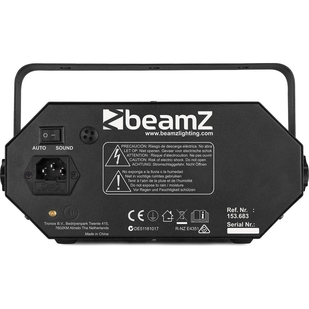 Parte trasera de un dispositivo BeamZ mostrando puertos y etiquetas de advertencia.