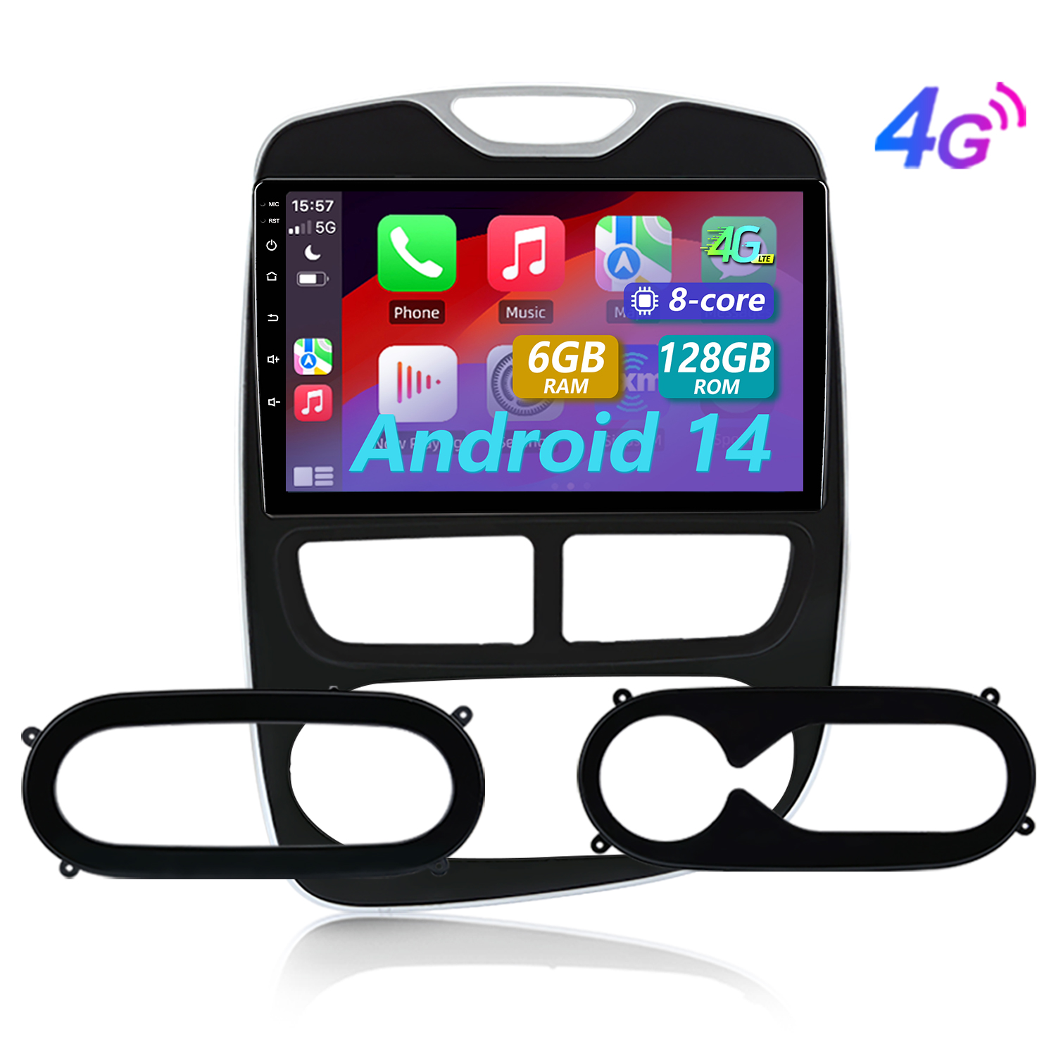 Ein schwarzer Auto-Infotainment-Bildschirm mit Android 14, 6GB RAM, 128GB ROM.