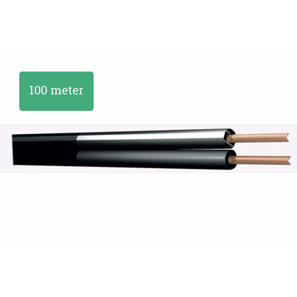 Un cable negro con dos alambres de cobre expuestos y etiqueta de 100 metros.