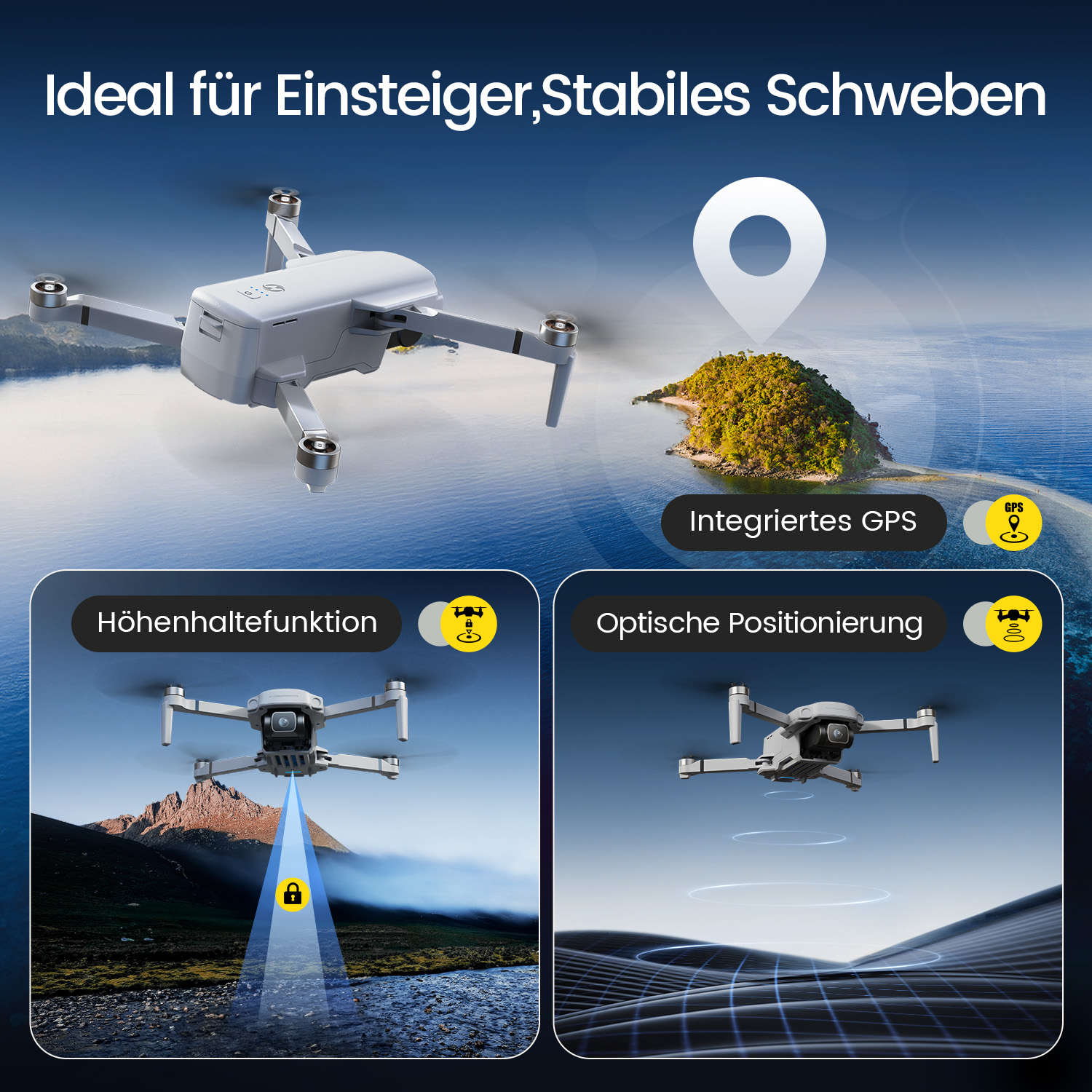 Ein weißer Drohne fliegt über Wasser, mit GPS-Symbol und Insel im Hintergrund.