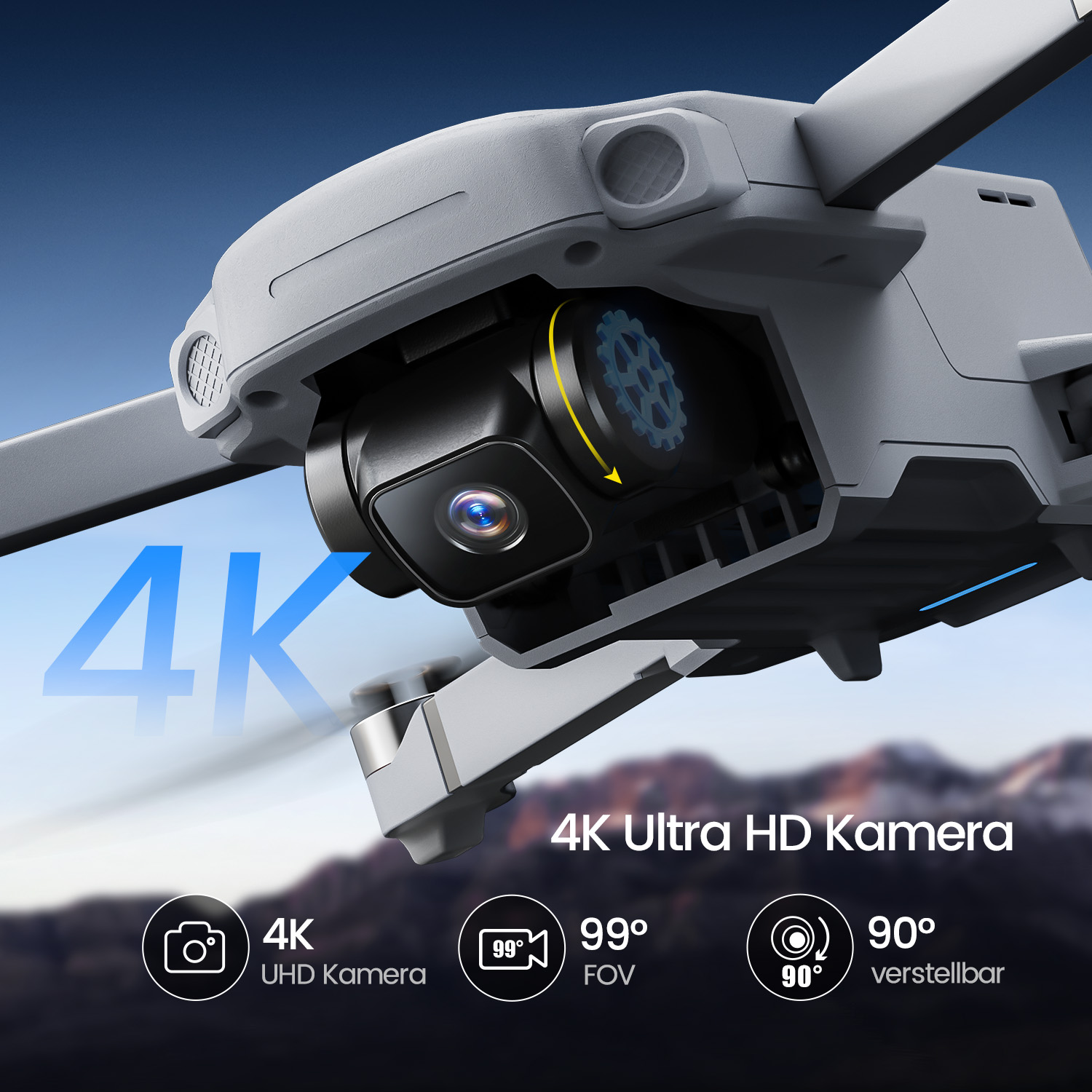 Grauer Quadrocopter mit 4K-Kamera, 99° FOV, 90° verstellbar.