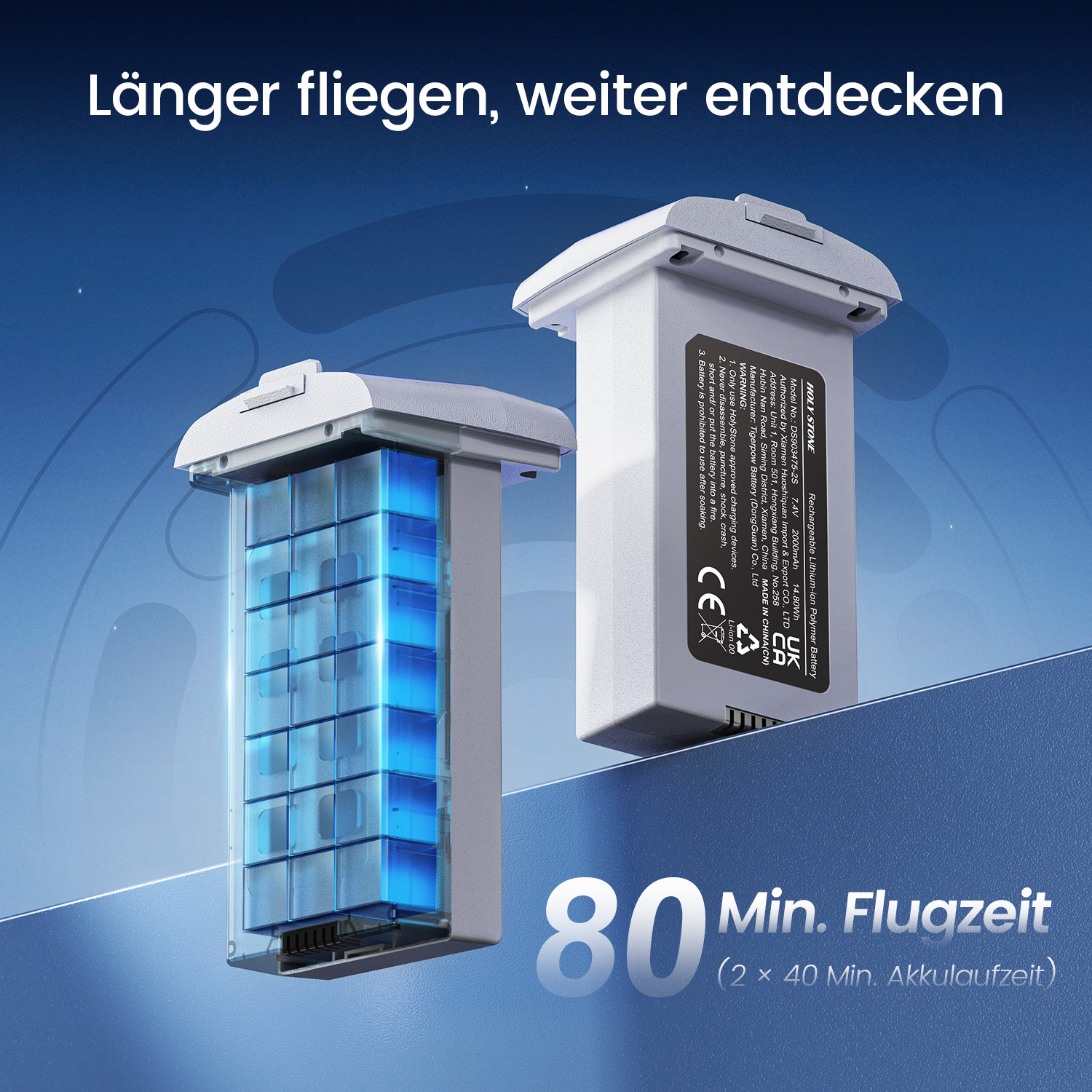 Zwei Drohnenakkus, einer transparent mit blauen Zellen, einer geschlossen. 80 Min. Flugzeit.