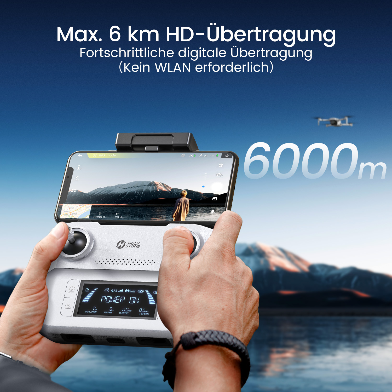 Drohnen-Fernbedienung mit Smartphone-Halterung und Anzeige, die 6000m anzeigt.