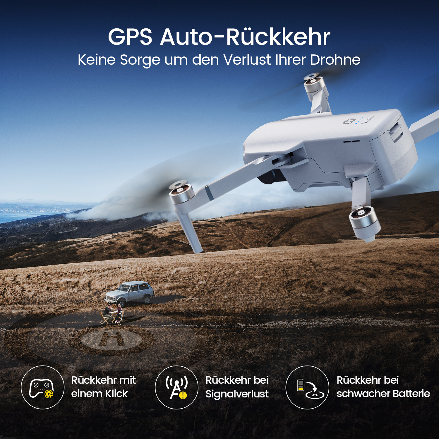 Eine weiße Drohne fliegt über einer Landschaft mit einem Auto und zwei Personen.