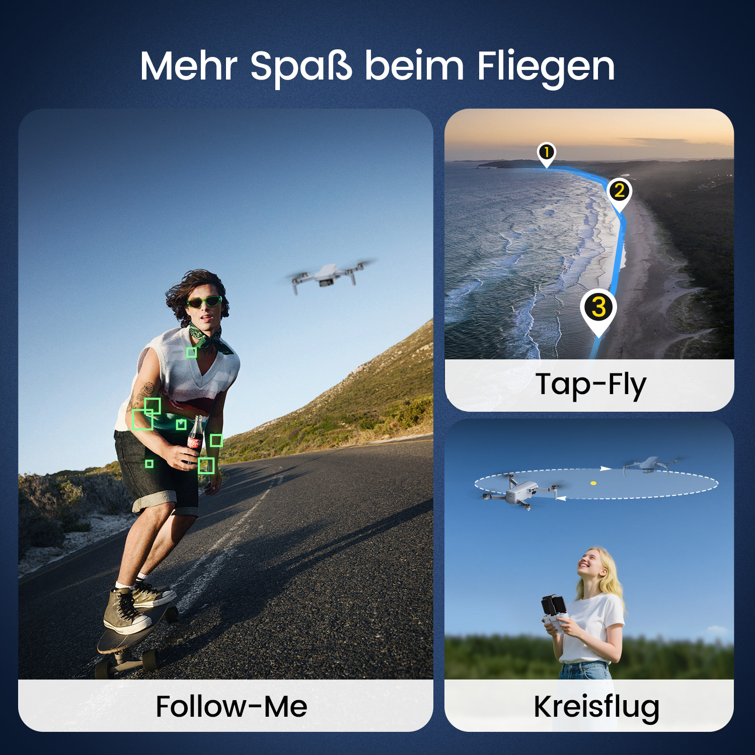 Mann auf Skateboard verfolgt von Drohne, Küstenflug und Kreisflug-Modi.