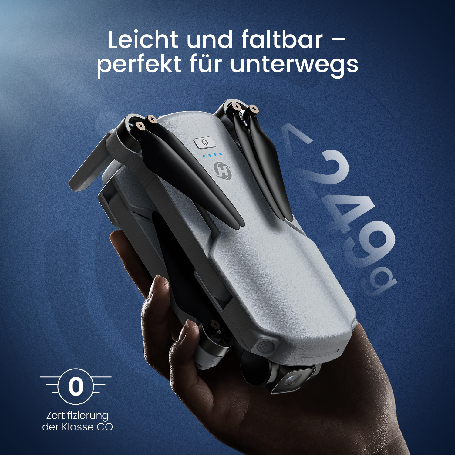 Eine Hand hält eine leichte, faltbare Drohne mit der Aufschrift „<lt/>249g“.