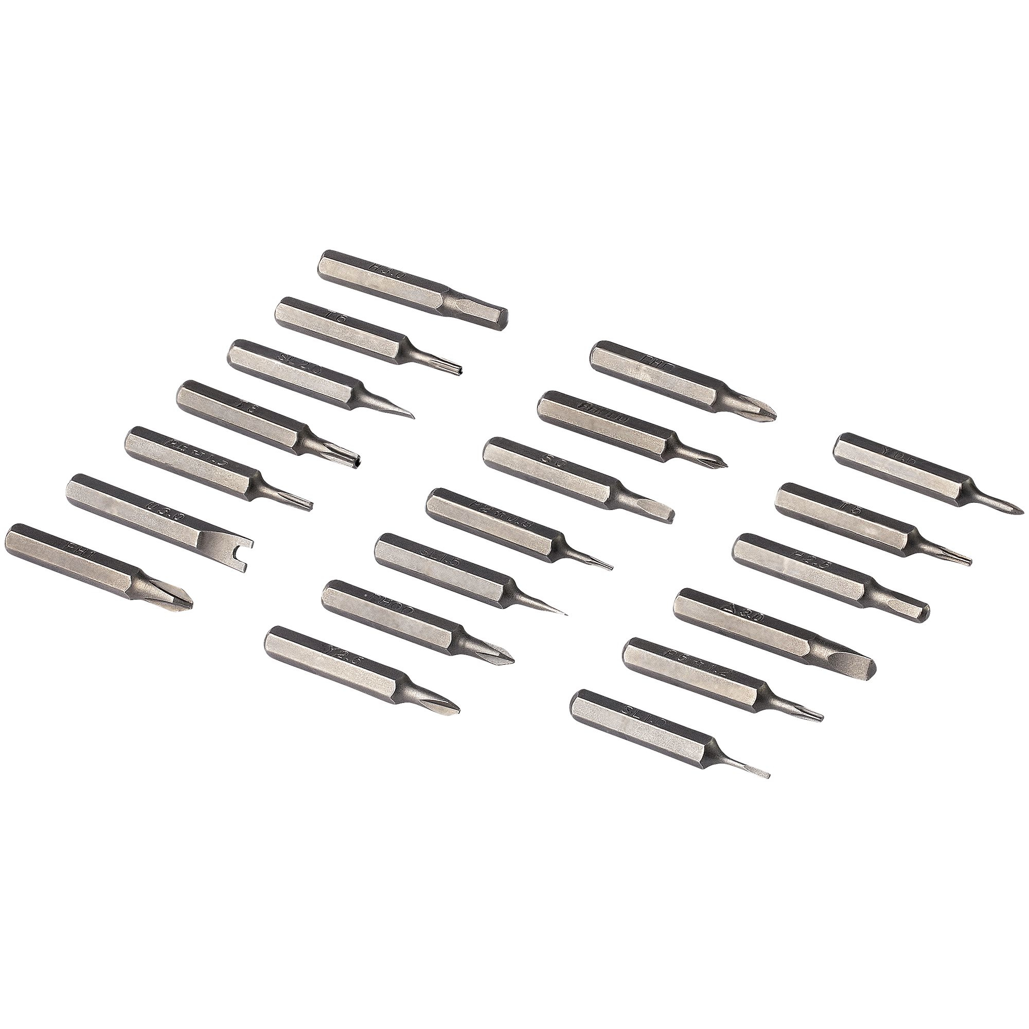 Eine Gruppe von Metallbits für Schraubendreher, auf weißem Hintergrund.