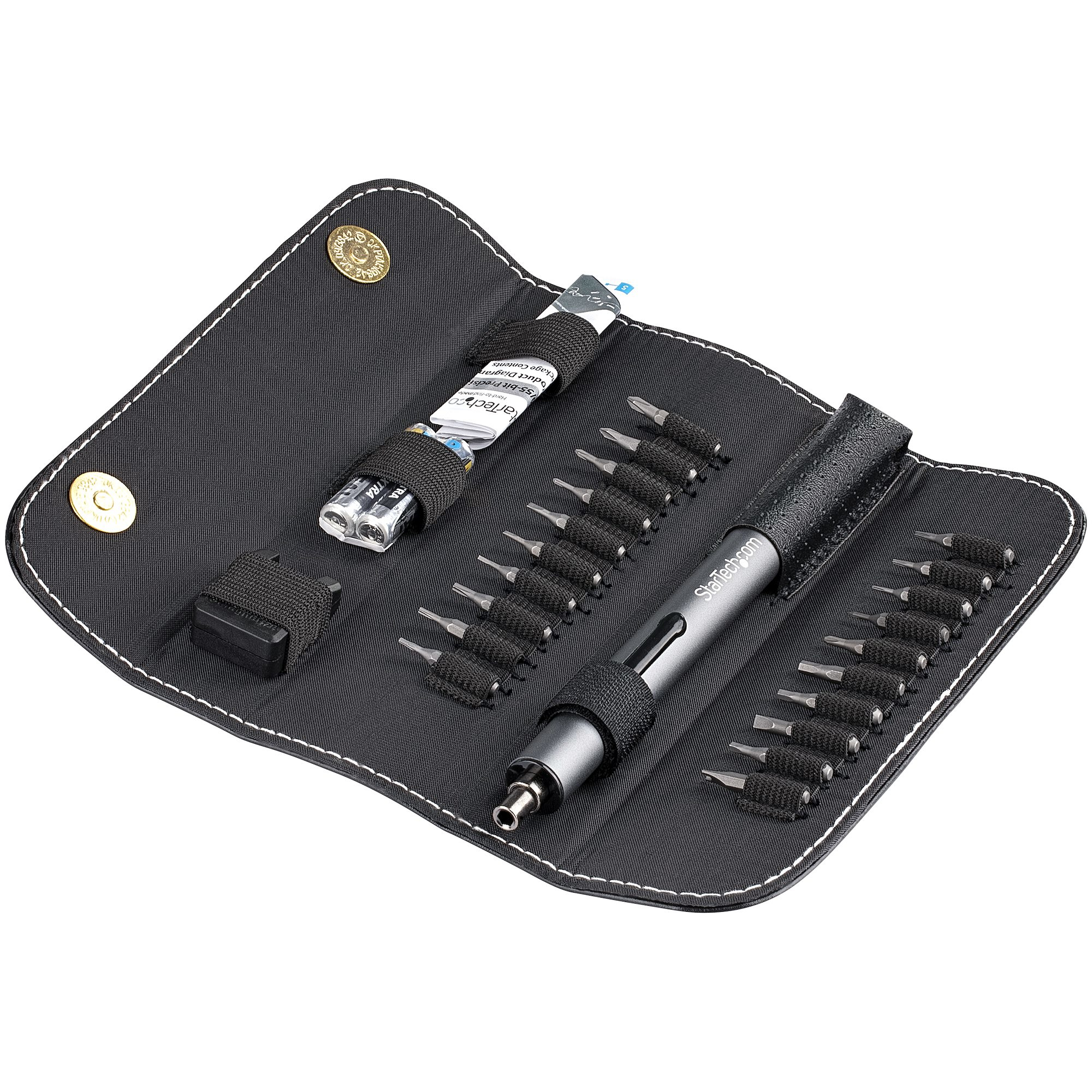 Schwarzes Etui mit Schraubendreher, Bits und Batterien.