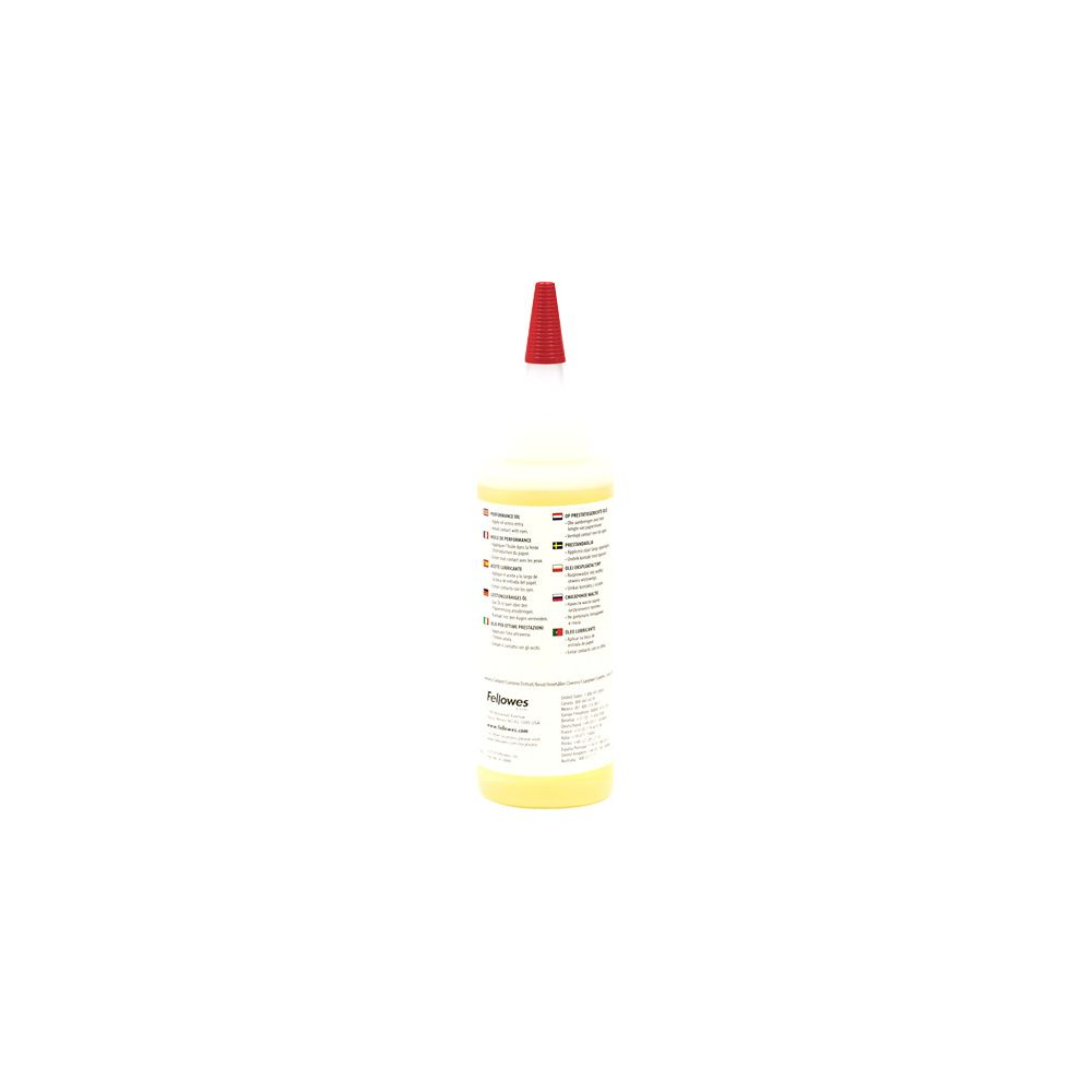 Gelbe Flasche mit rotem Verschluss und Etikett mit mehreren Sprachen.