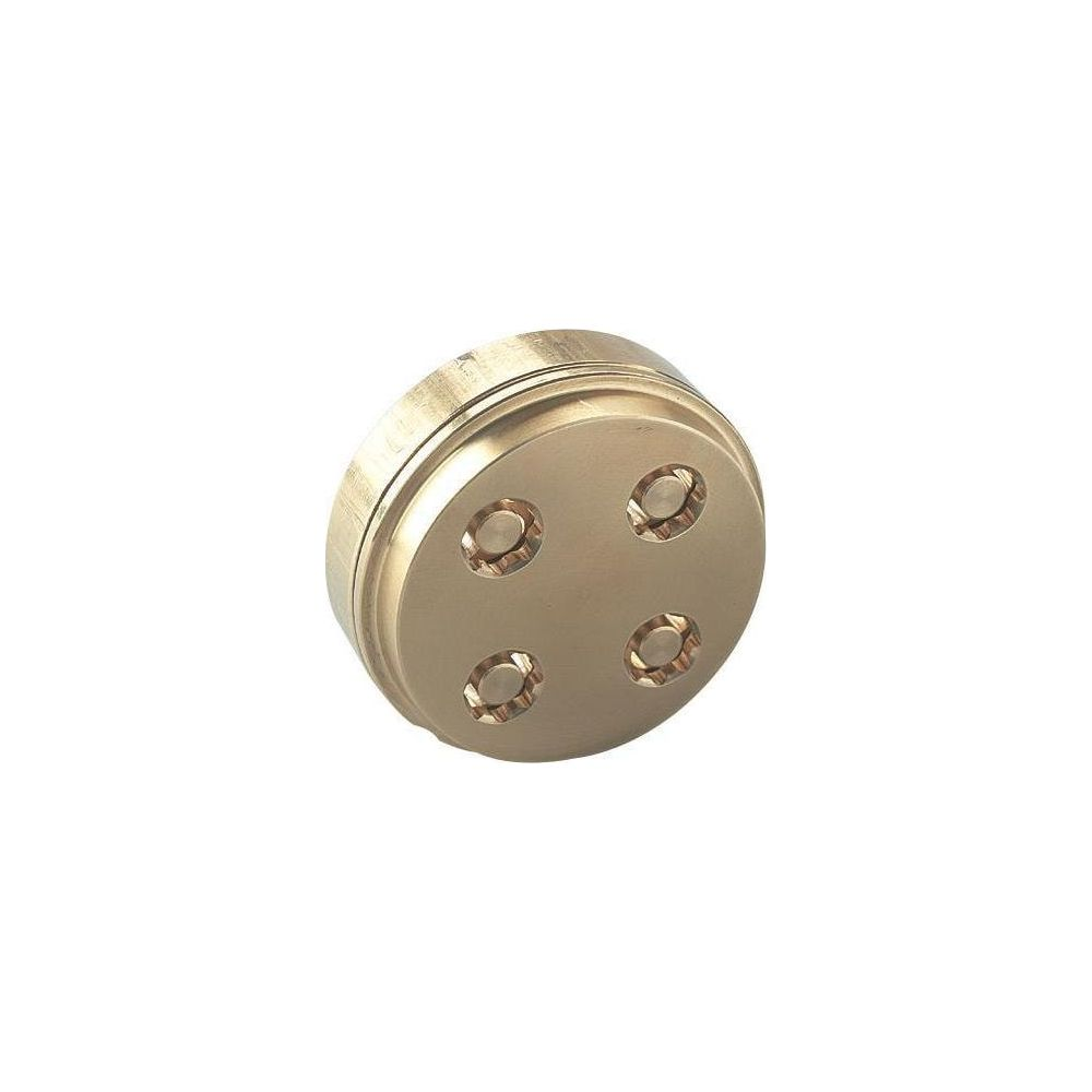 Un accessoire à pâtes en bronze avec quatre ouvertures rondes sur fond blanc.