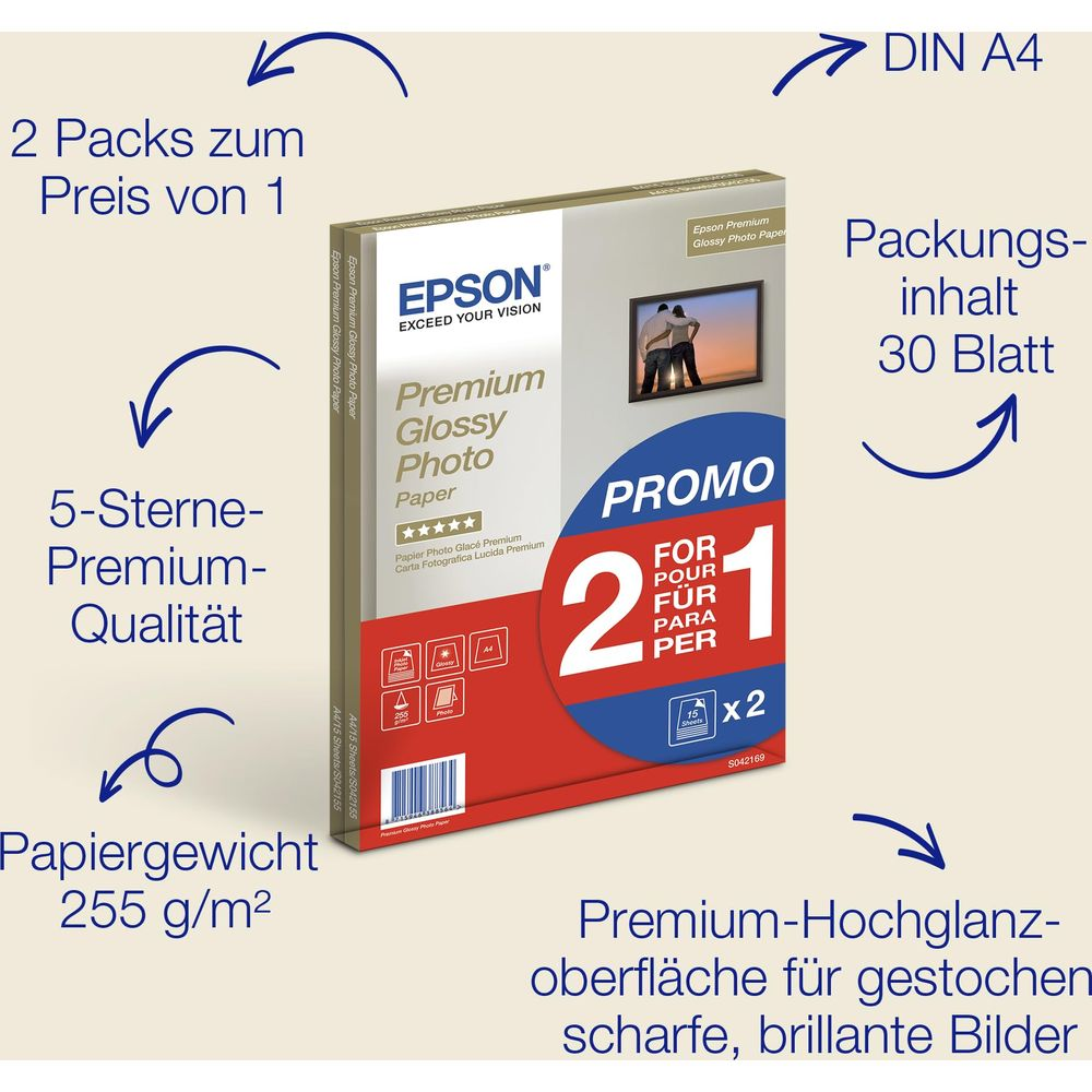 Papier Photo Brillant Premium Epson, 2 paquets pour le prix d'1, 30 feuilles.